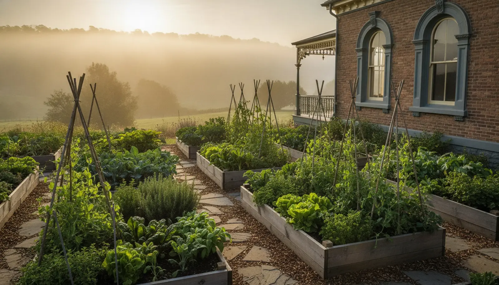 Stone Edge Farm'ın sebze bahçesi, Victorian yapı silueti ve Sonoma sisinin arka planında