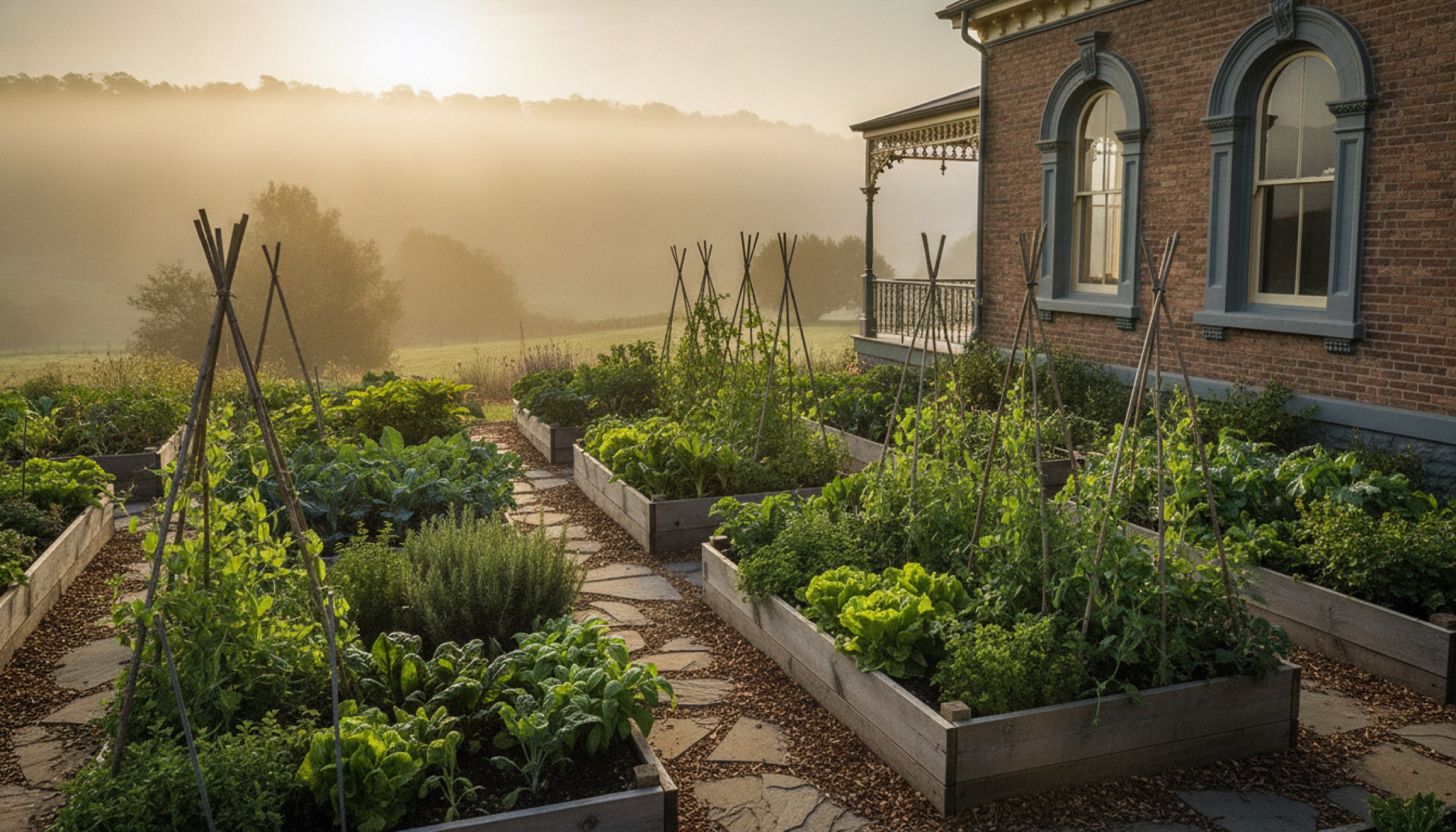 Stone Edge Farm'ın sebze bahçesi, Victorian yapı silueti ve Sonoma sisinin arka planında
