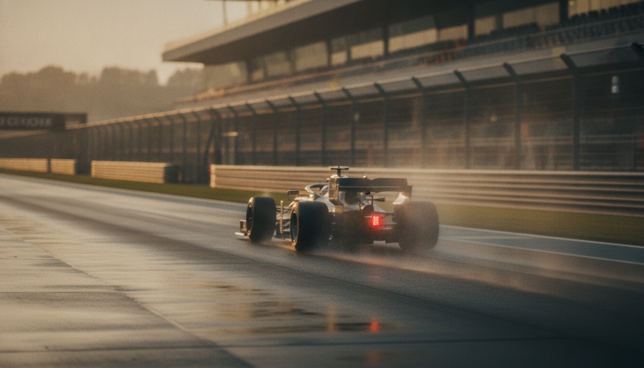 Pit lane çıkışında hareket eden bir F1 aracının alçak açıdan uzun odak çekimi