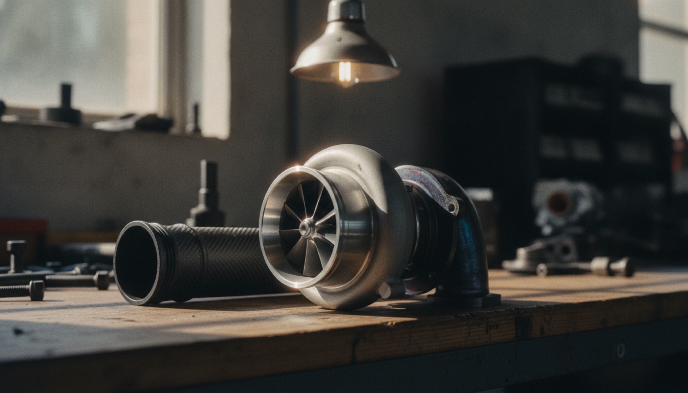 Atölye tezgahında bir Formula 1 turbocharger'ının yakın plan mühendislik görüntüsü