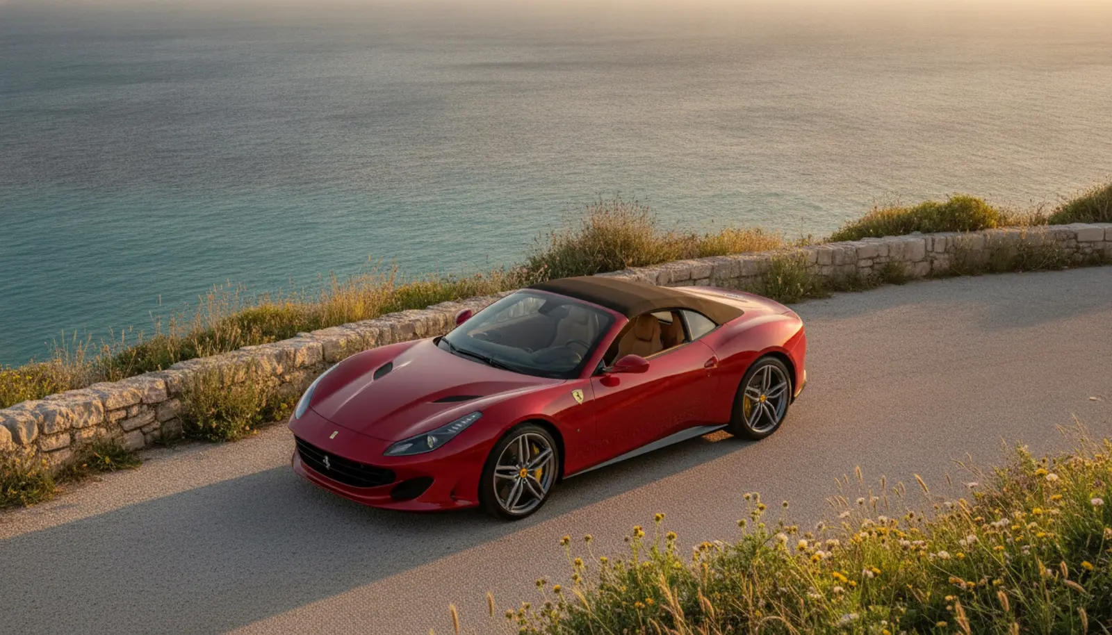 Ferrari Amalfi Spider, Akdeniz kıyı yolunda, çatısız ve kırmızı gövdesiyle