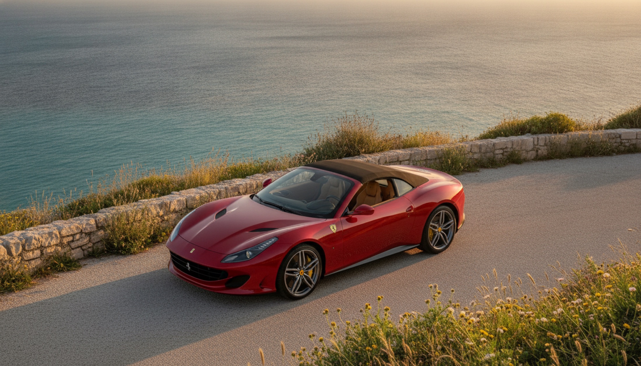 Ferrari Amalfi Spider, Akdeniz kıyı yolunda, çatısız ve kırmızı gövdesiyle