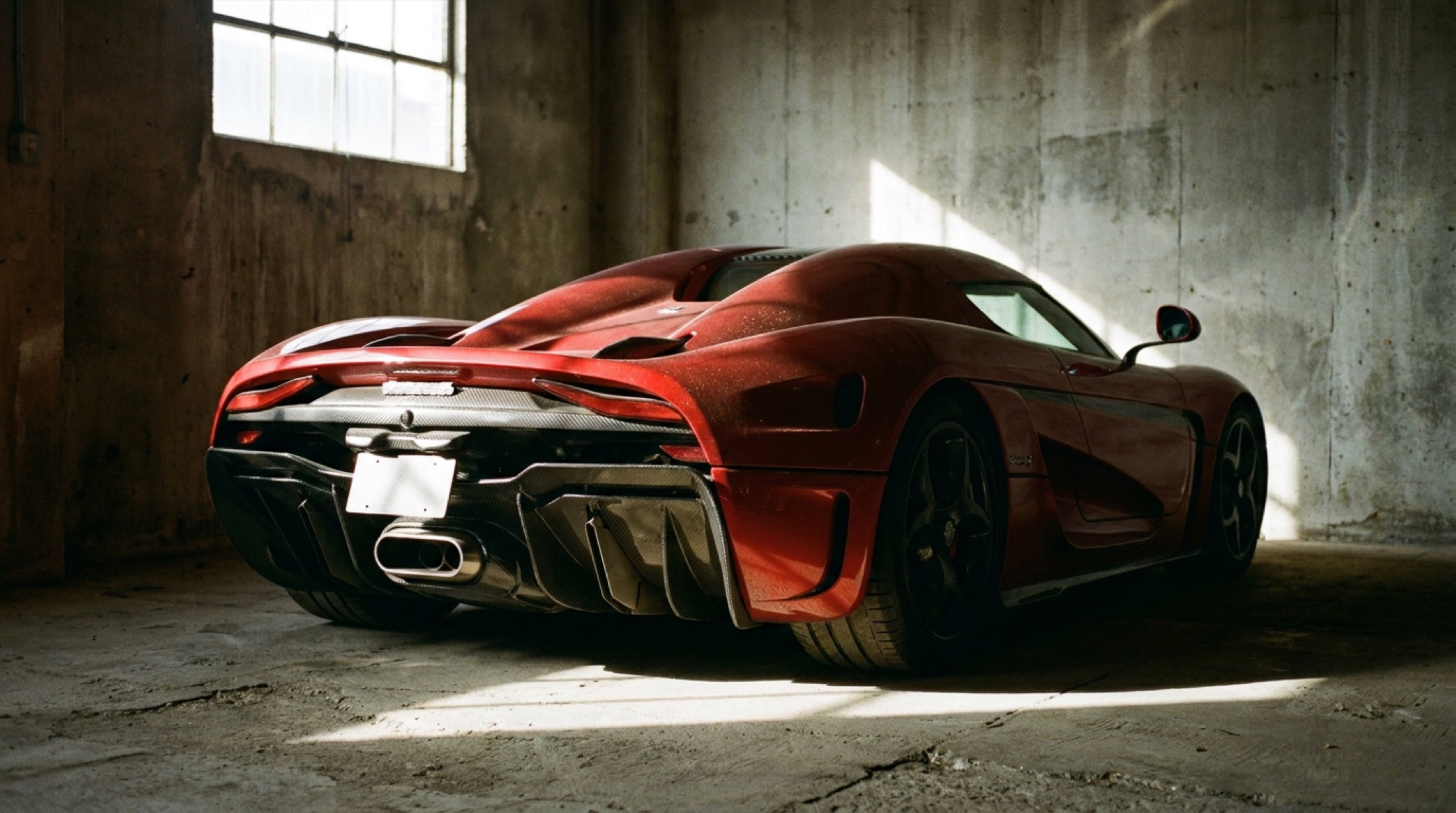 Kırmızı bir hypercar beton garajda, tek yüksek pencereden giren ışık karoserini boydan boya kesiyor