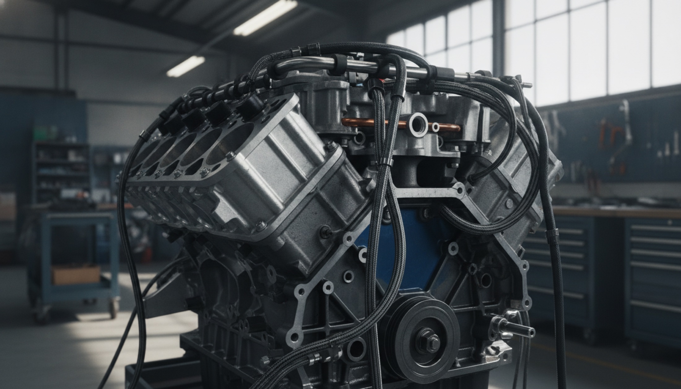 Le Mans yarış atölyesinde montaj hâlindeki V8 motor bloğu, kablo destesiyle