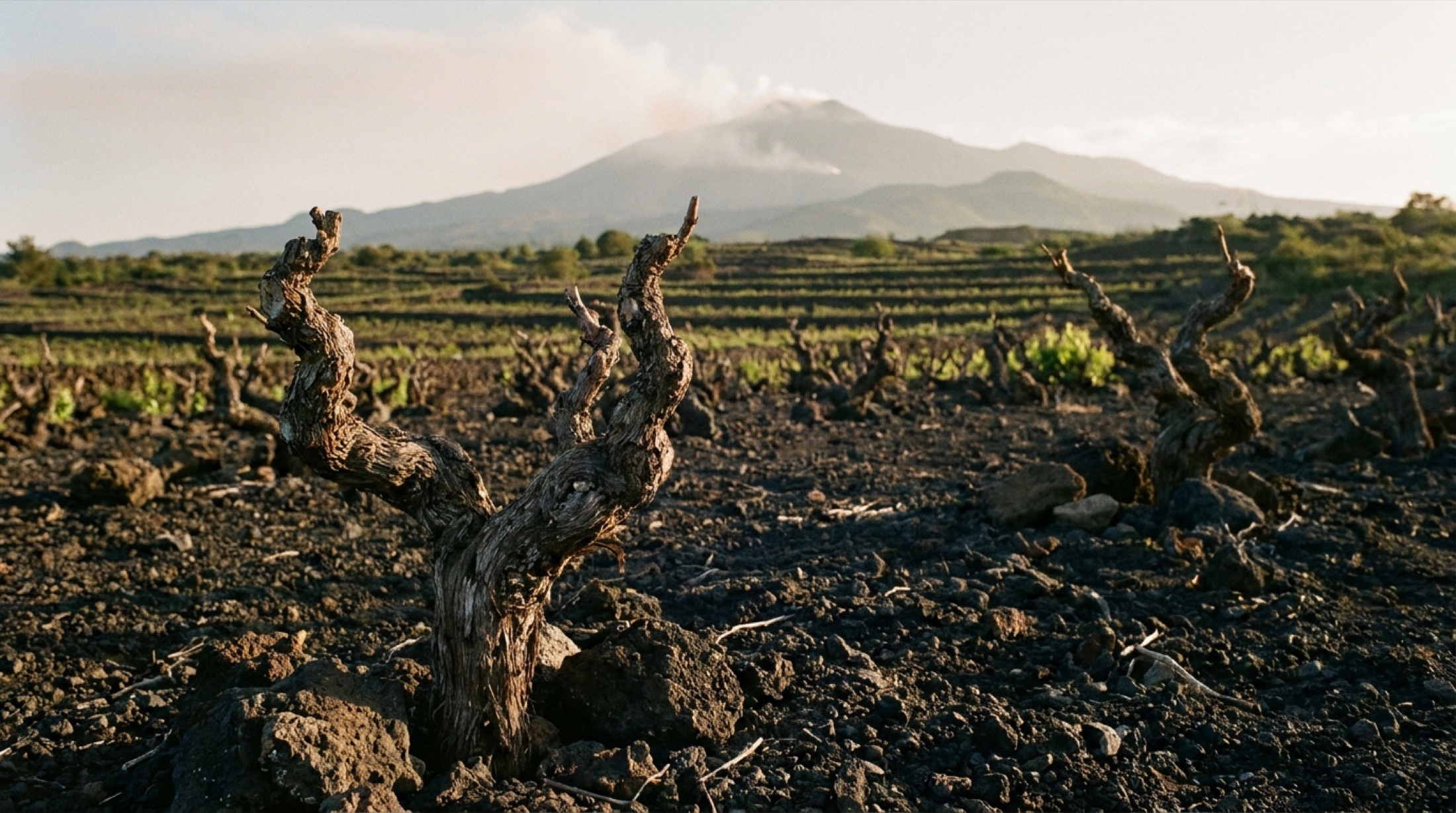 Etna yanardağının siyah bazalt topraklarında Nerello Mascalese üzüm bağları, arka planda koni biçimli dağ silueti