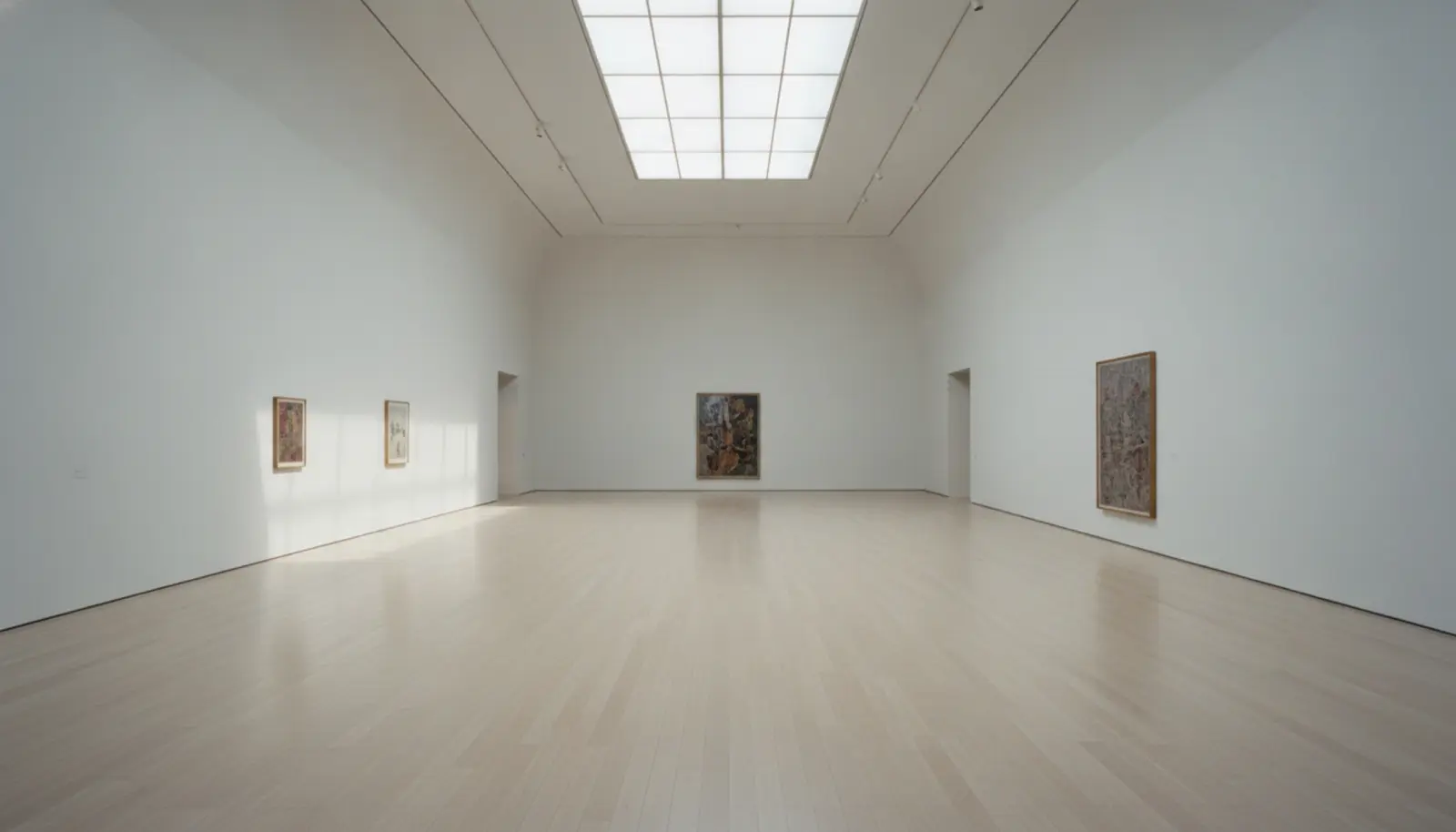 Tate Modern'de Frida sergisinin boş koridoru, tavan ışığı zeminde uzun bir şerit çiziyor