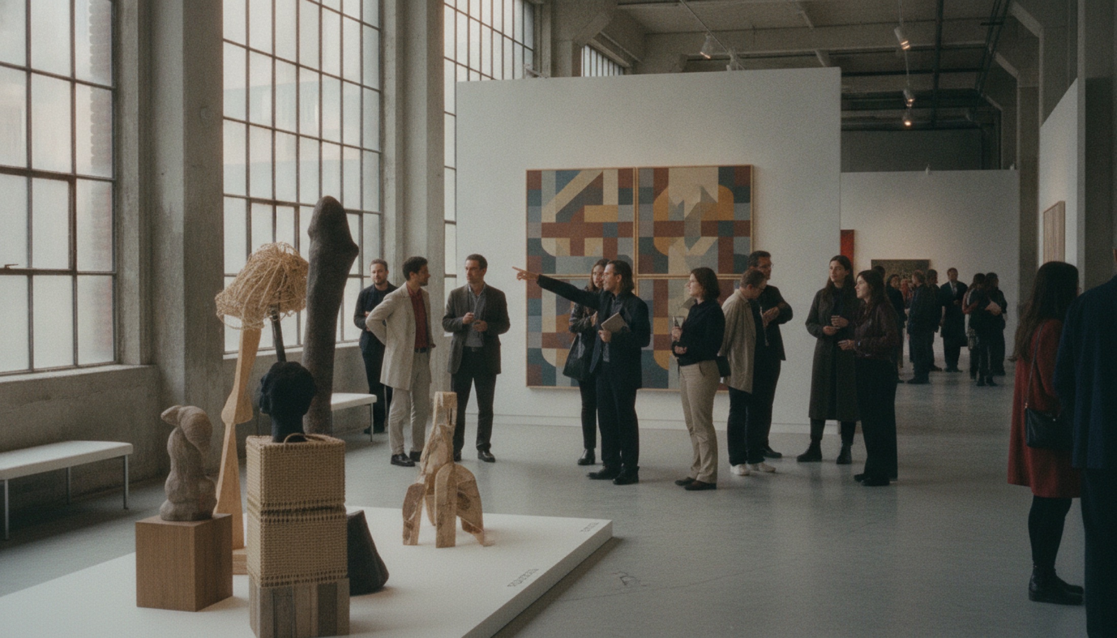 Sanat fuarında küçük galeri standı — düşük kaidede organik dokulu seramik heykel, spot ışığı.