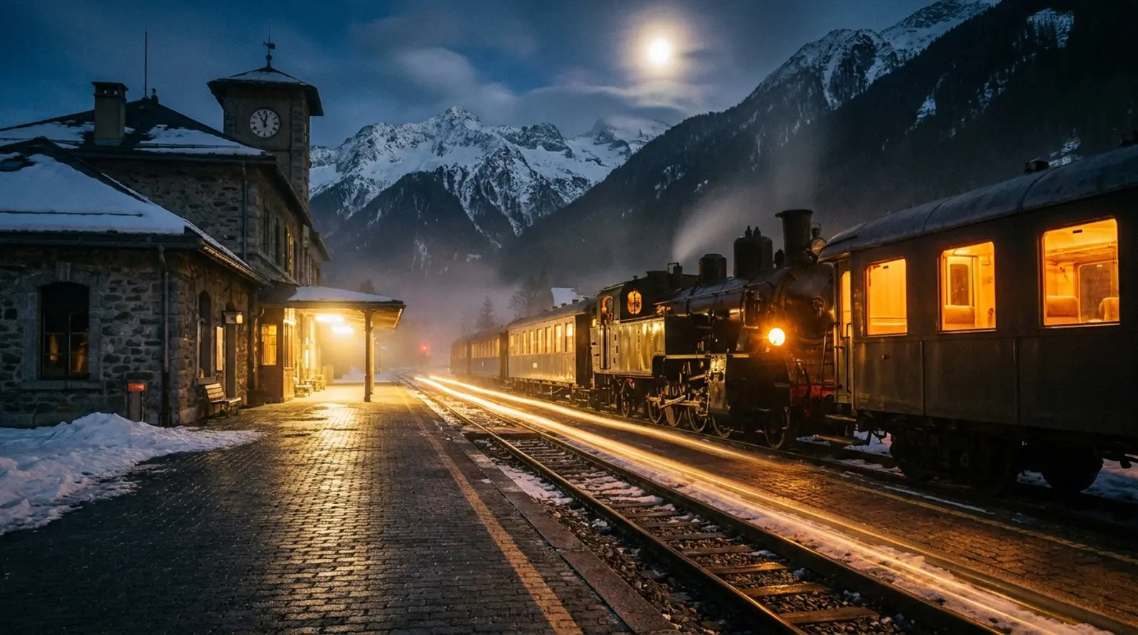 Geceleri bir Avrupa tren istasyonunda uzak bir platformda duran vintage vagonlar, buharlı lokomotiflerin ışığı rayları aydınlatıyor
