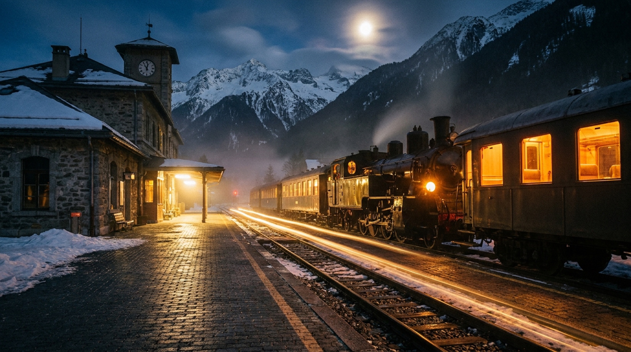 Geceleri bir Avrupa tren istasyonunda uzak bir platformda duran vintage vagonlar, buharlı lokomotiflerin ışığı rayları aydınlatıyor
