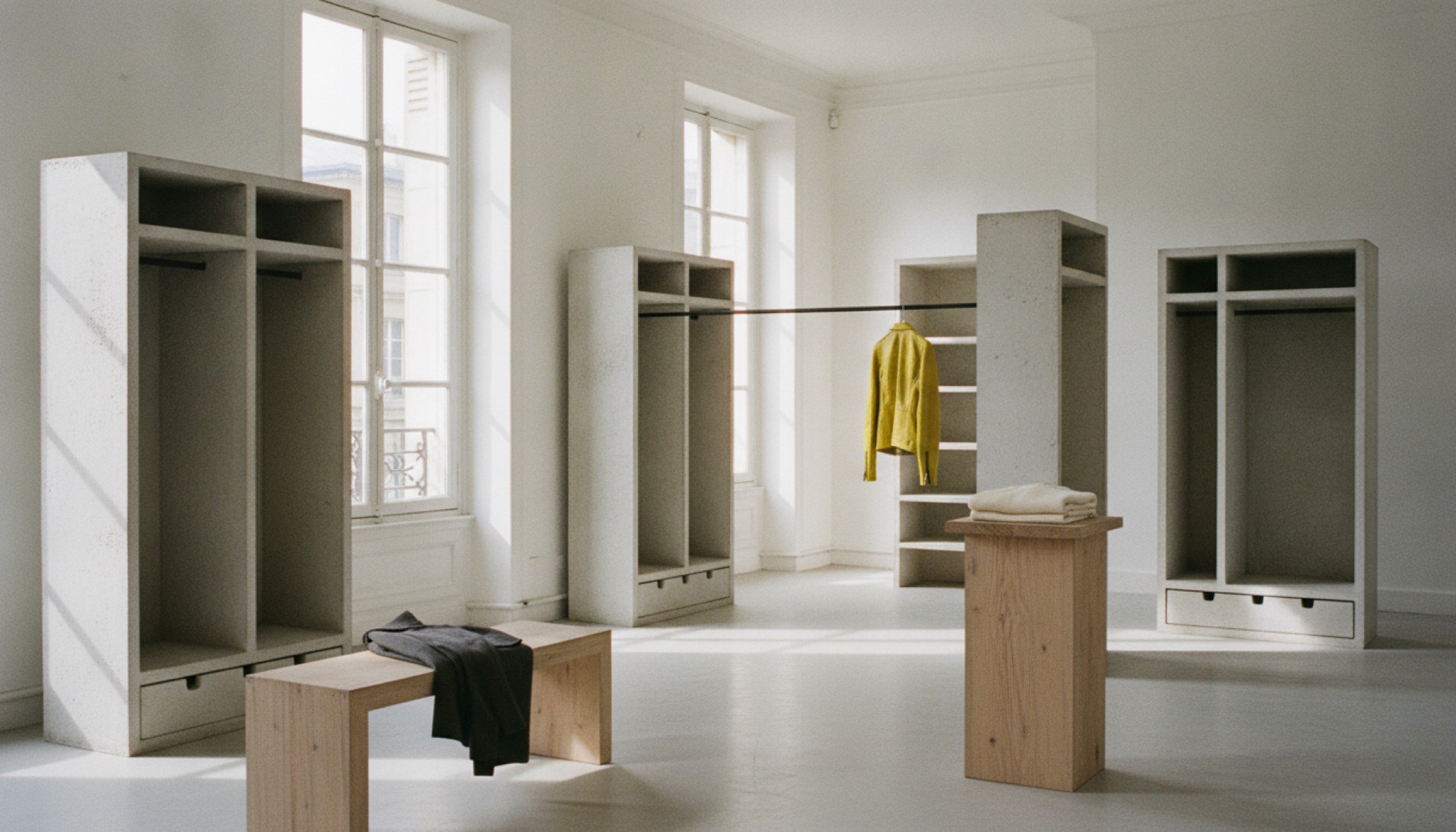Rachel Whiteread'in dolap dökümlerinin arasında Givenchy SS27 erkek giyim parçaları, üç bağlantılı oda