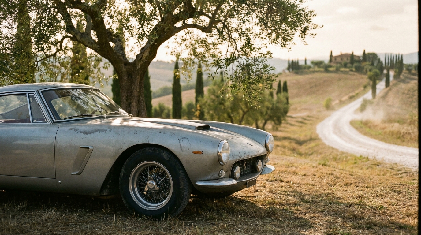 Toskana'da bir zeytin ağacının gölgesinde park etmiş klasik bir Ferrari 250 GT SWB, altın rengi öğleden sonra ışığı altında.