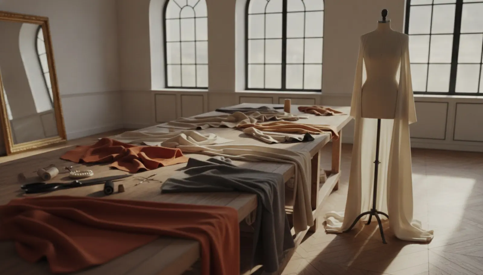 Paris'teki bir haute couture atölyesinde, kaşmir kumaş örneklerinin sıralandığı kesim masası ve gün ışığıyla aydınlanan sessiz bir çalışma ortamı.