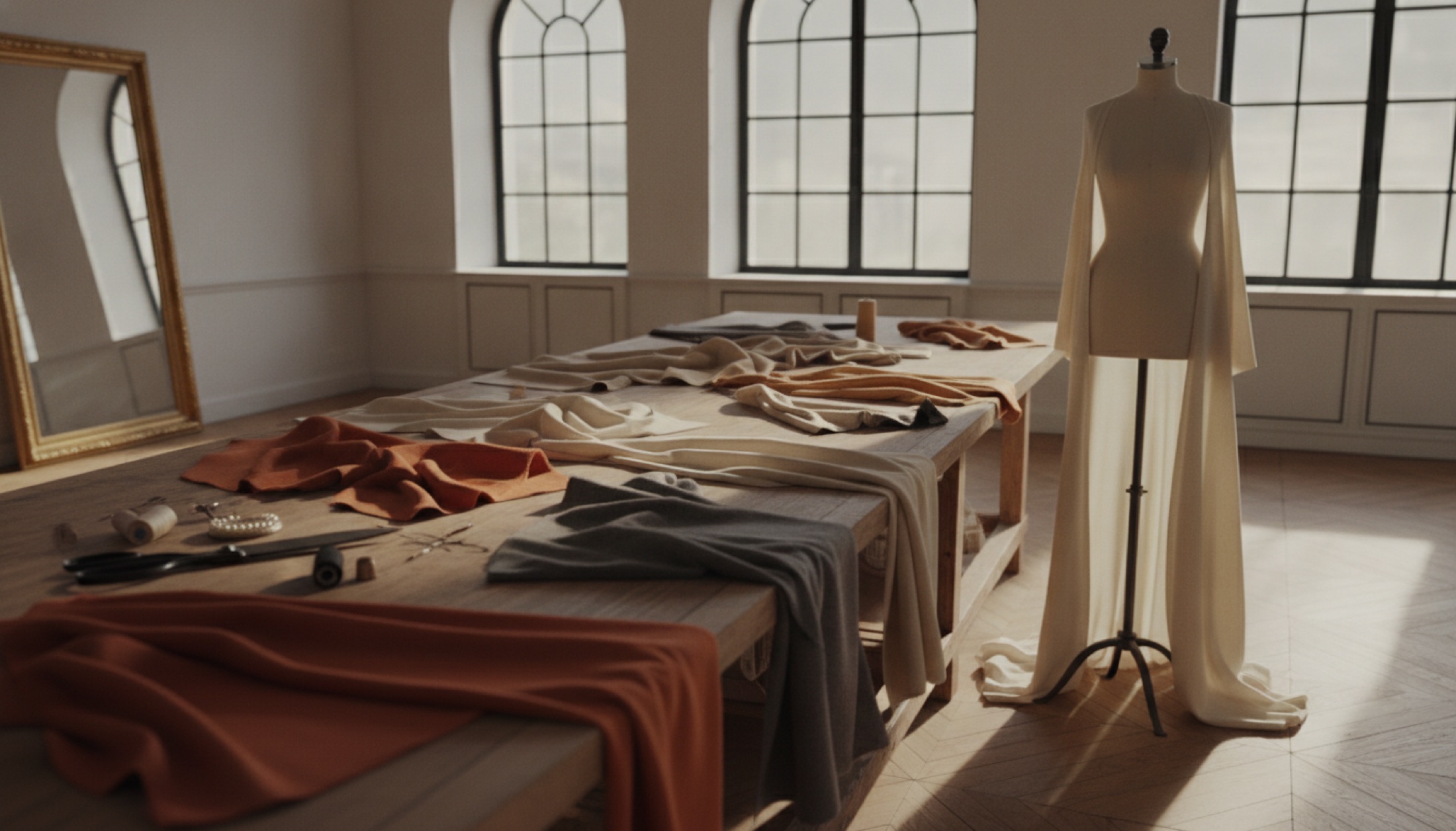 Paris'teki bir haute couture atölyesinde, kaşmir kumaş örneklerinin sıralandığı kesim masası ve gün ışığıyla aydınlanan sessiz bir çalışma ortamı.