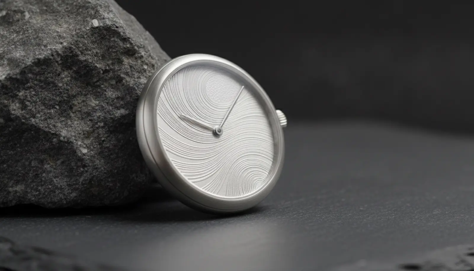 Grand Seiko SBGZ011 Mystic Waterfall, el gravürlü platin kasa koyu taş zemin üzerinde