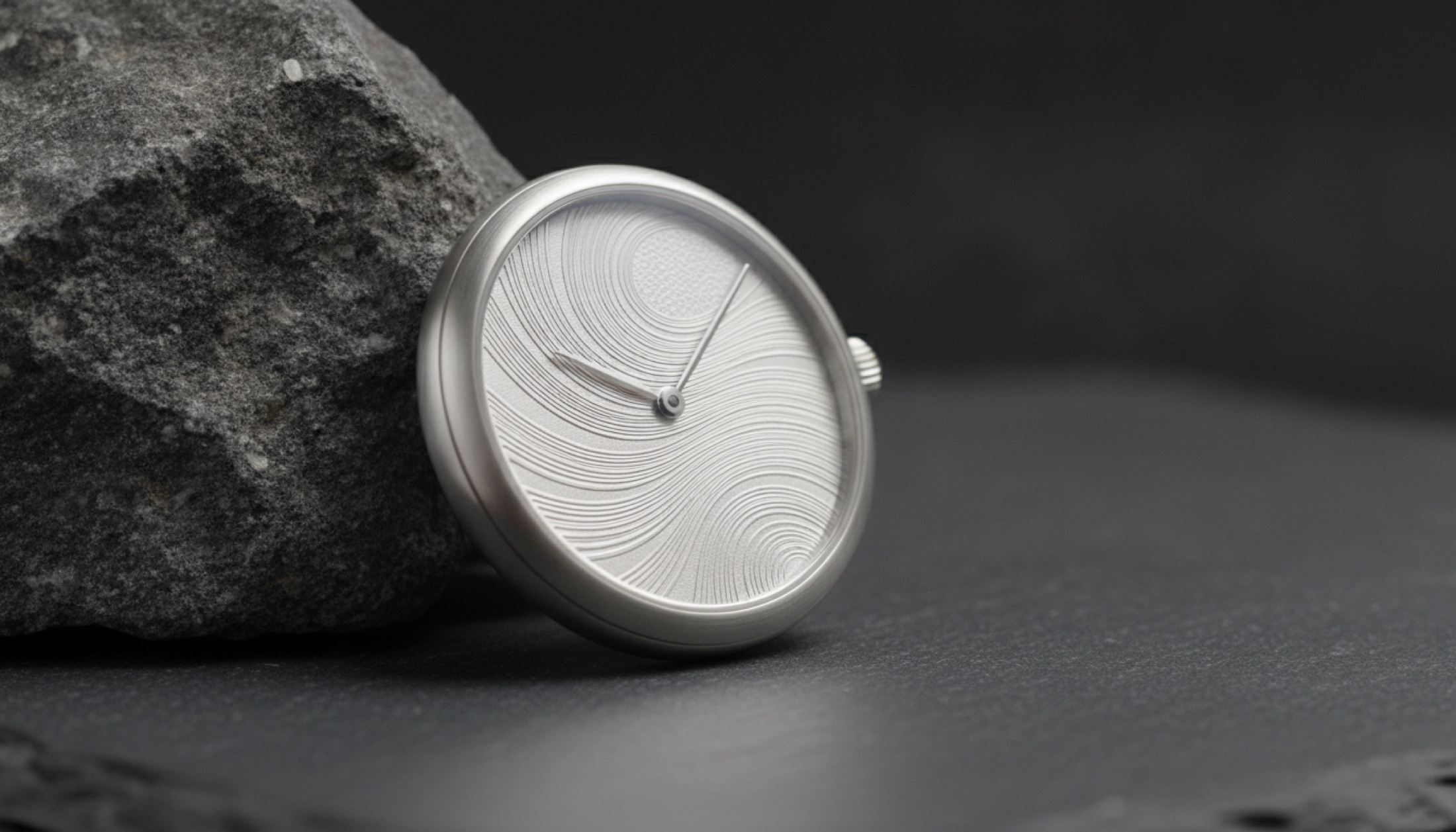 Grand Seiko SBGZ011 Mystic Waterfall, el gravürlü platin kasa koyu taş zemin üzerinde