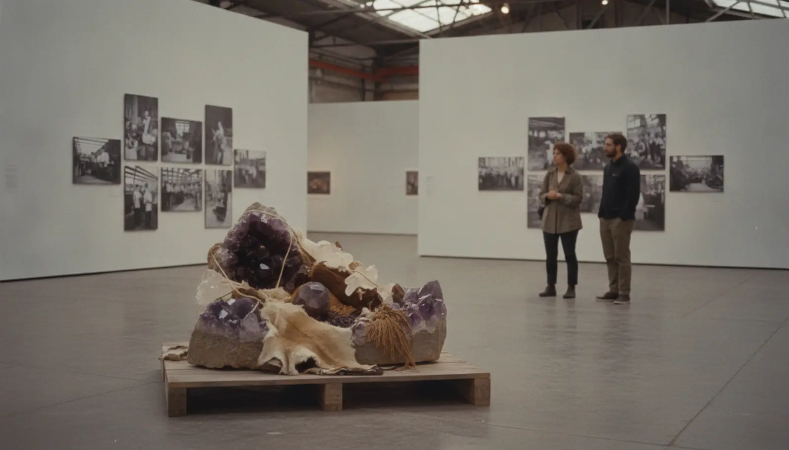 MoMA PS1'in Greater New York 2026 sergisinden bir köşe: doğal malzemeli heykel yerleştirmesi ve arka duvarda fotoğraf çalışmaları