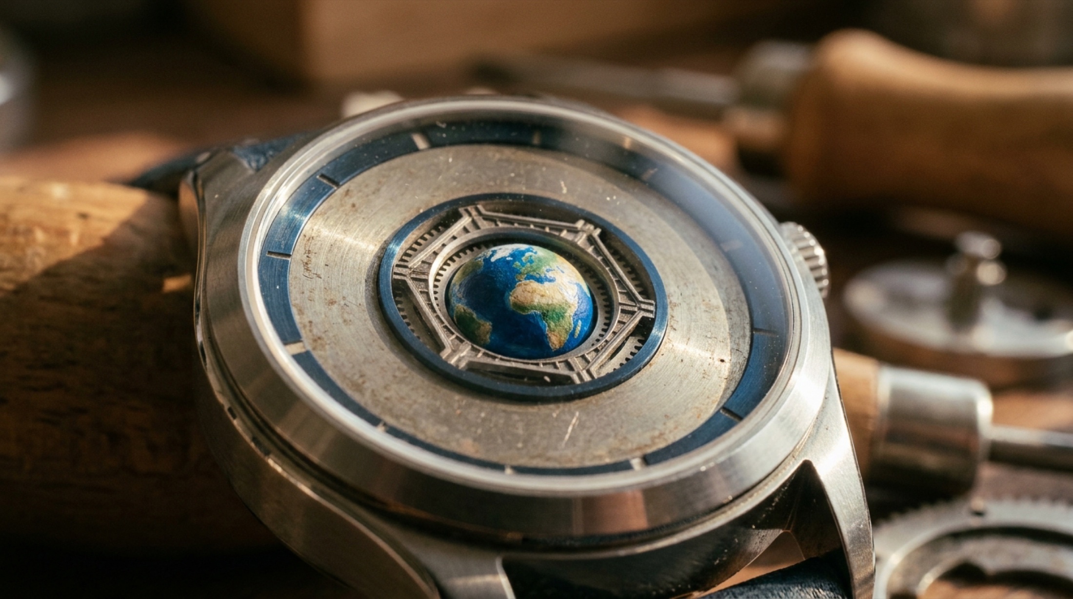 Greubel Forsey GMT Balancier Convexe kadranında dönen minyatür yerküre detayı