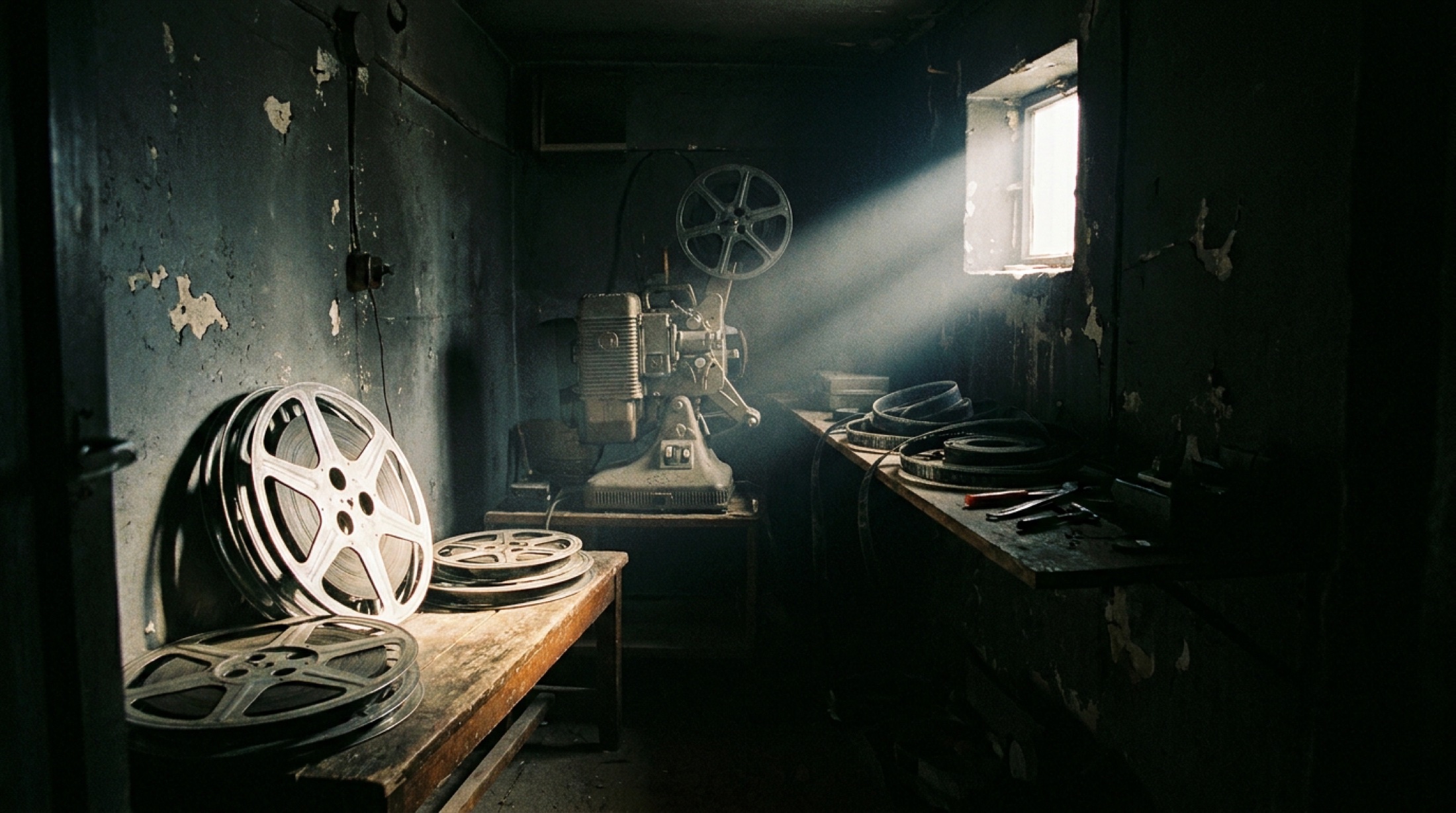Boş bir sinema fuayesinde projeksiyon makinesinin ışık demeti, karanlık ve belirsizlik atmosferi