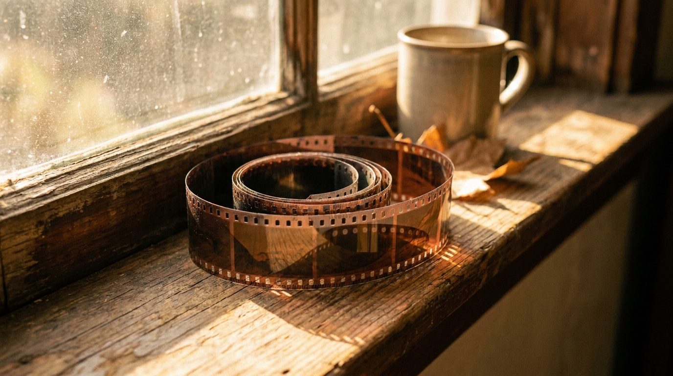 Pencere kenarında, yaz güneşi altında duran 35mm film şeridi, üzerinde toz zerreleri dans ediyor.