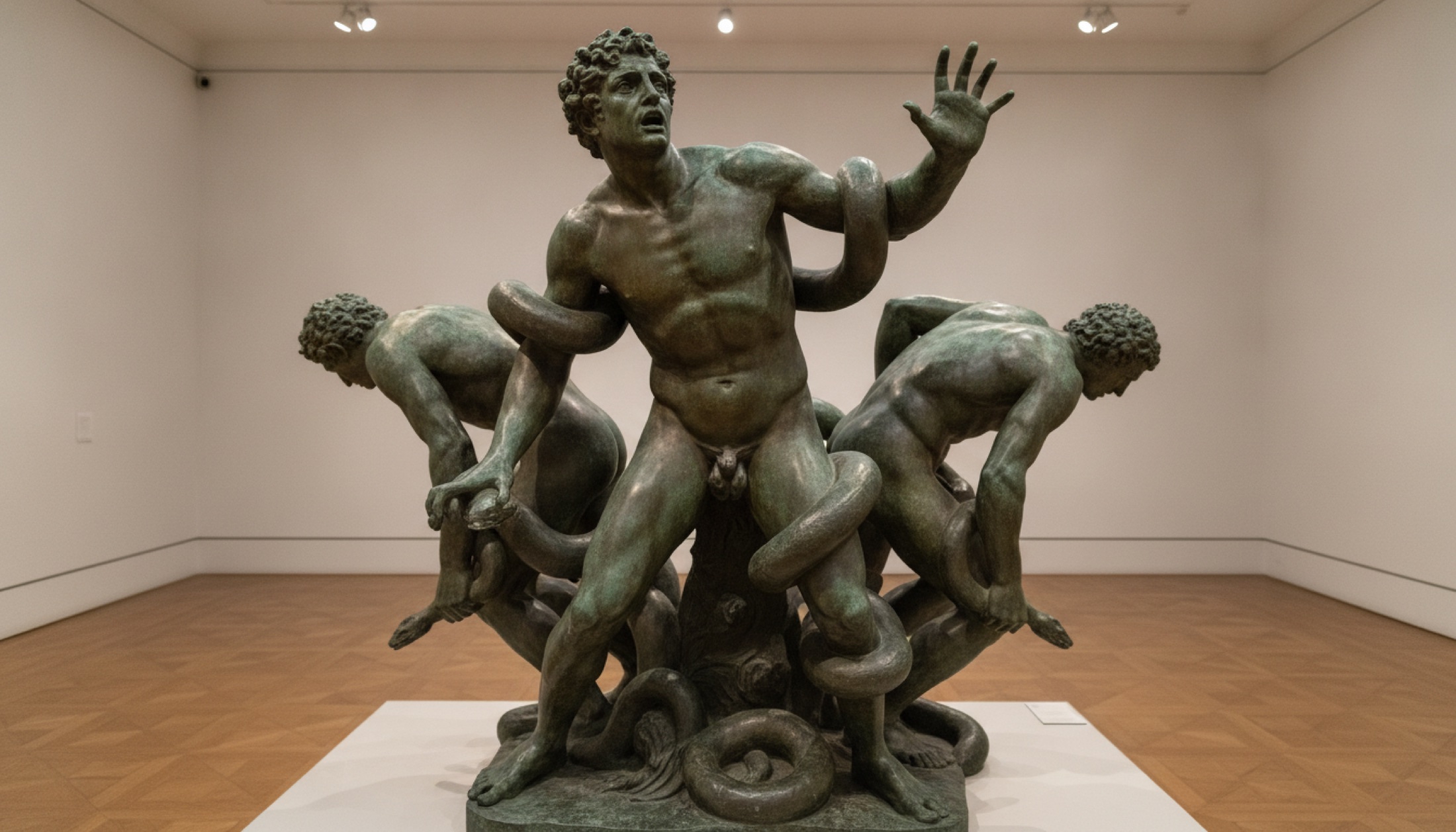 Sotheby's Londra müzayedesinde sergilenen Hamilton Laocoön bronz heykeli, eski patinalı yüzeyiyle galeri ışığında