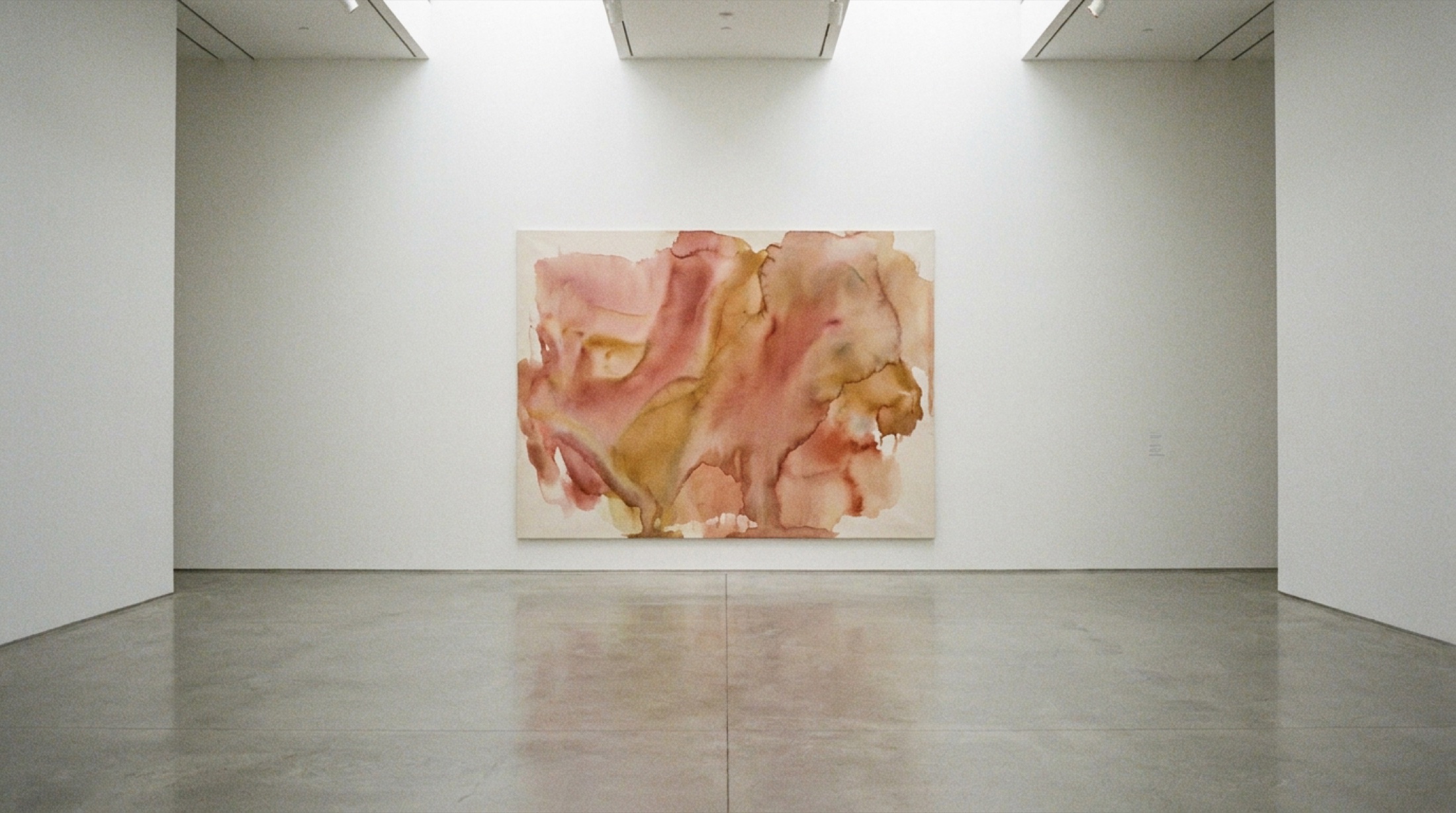 Kunstmuseum Basel'de soyut ekspresyonist renk alanı boyasına yakın bir galeri köşesi, Helen Frankenthaler retrospektifini anıştıran duvar çalışması.