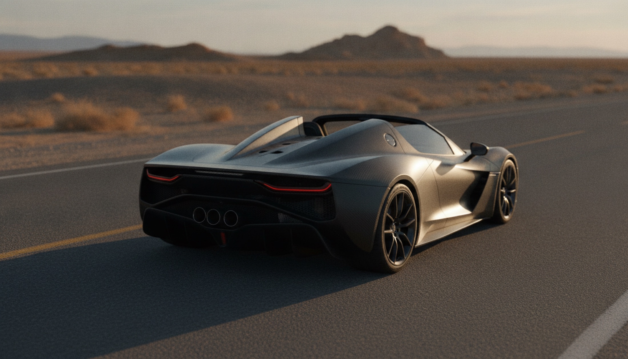 Geniş boş çöl yolunda park halindeki alçak profilli mid-engine açık üstü hypercar, altın saat ışığında arka üç çeyrek görünüm