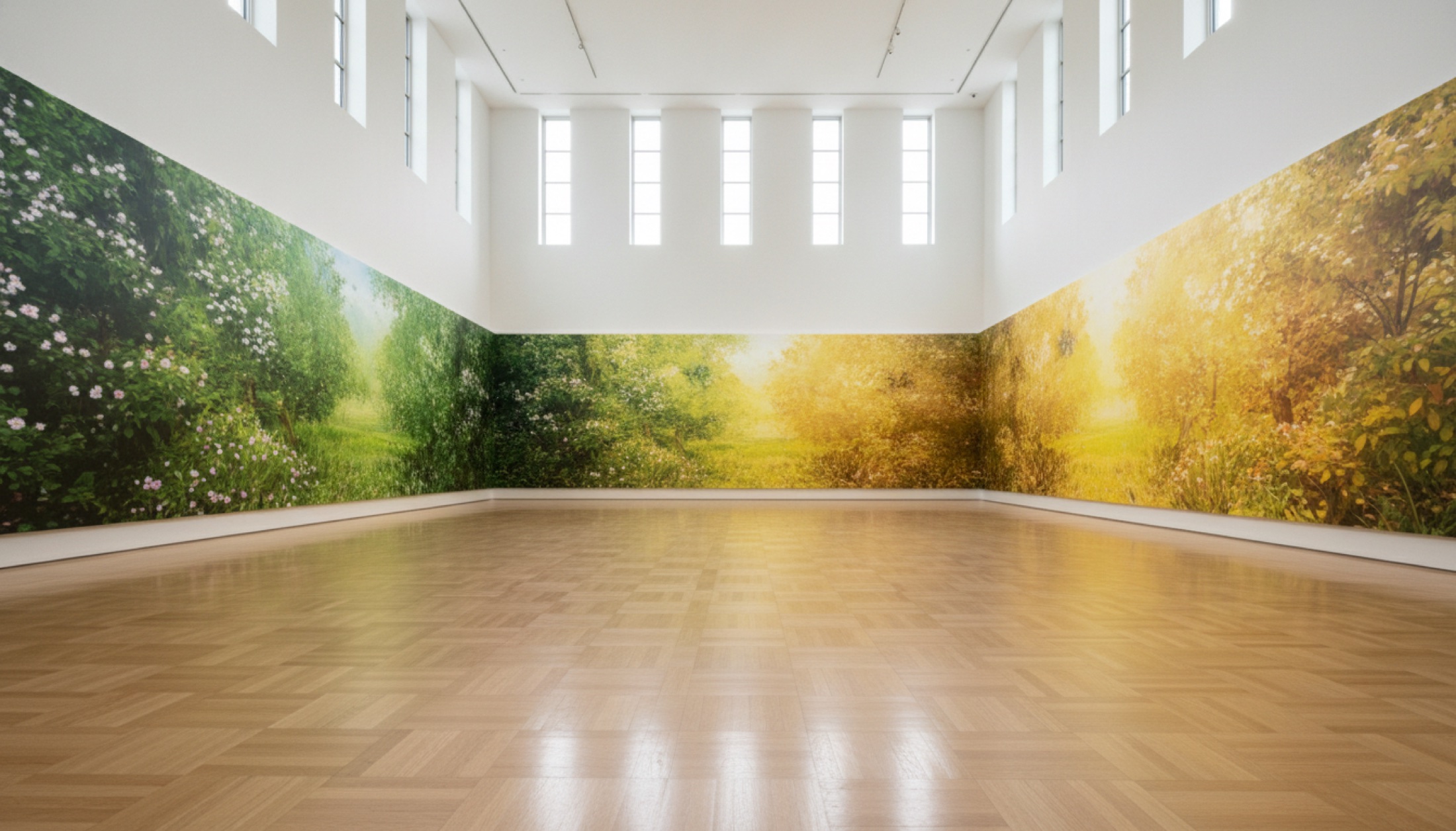 Serpentine North galerisinde Hockney'nin 90 metrelik Normandiya frizinin sürekli bir manzara şeridini oluşturduğu iç mekan görünümü