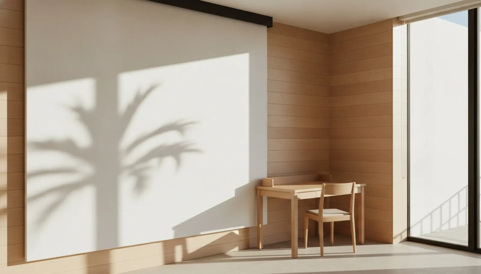 PUBLIC West Hollywood'da beyaz projeksiyon duvarına düşen palmiye gölgesi ve açık ahşap panellerle döşenmiş sade bir oda