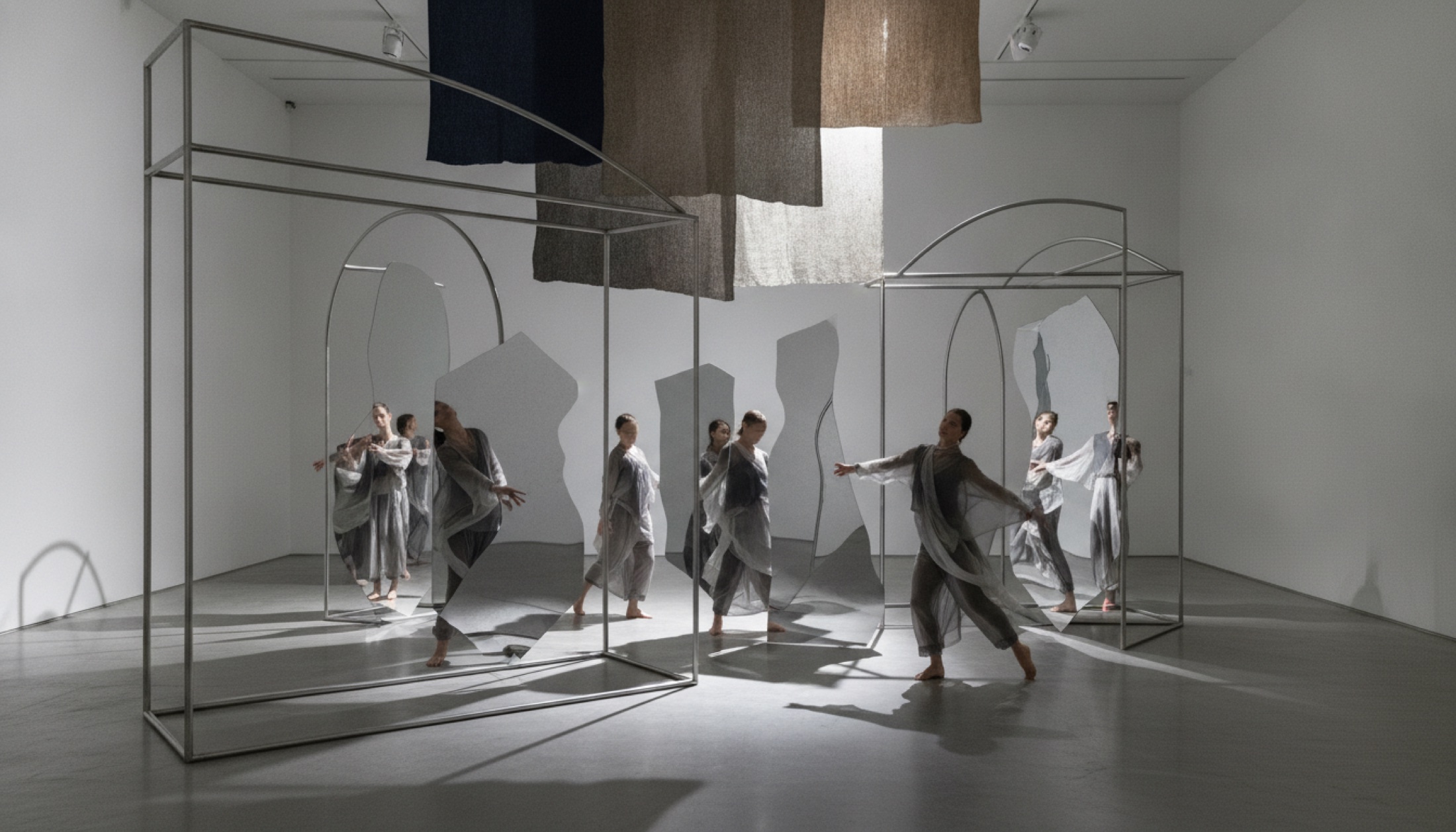 Tai Kwun Contemporary'de Isaac Chong Wai'nin metal çerçeveler ve tekstil kurulumunun arasında dans eden performansçılar