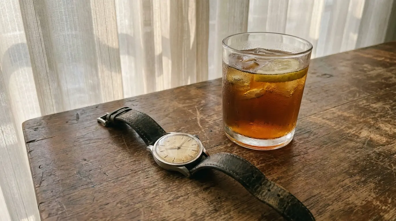 Vintage bir Patek Philippe Calatrava, krem rengi patinalı kadranıyla eski bir ahşap masada, yanında bir fincan buzlu çay.