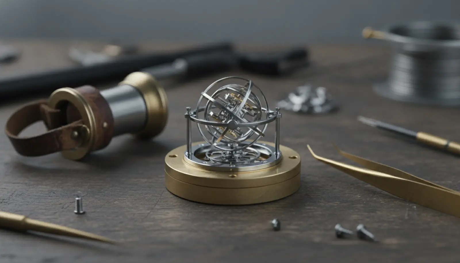Saatçi tezgahında çok eksenli tourbillon kalibre, büyüteç ve pens eşliğinde, stüdyo ışığı altında makro çekim