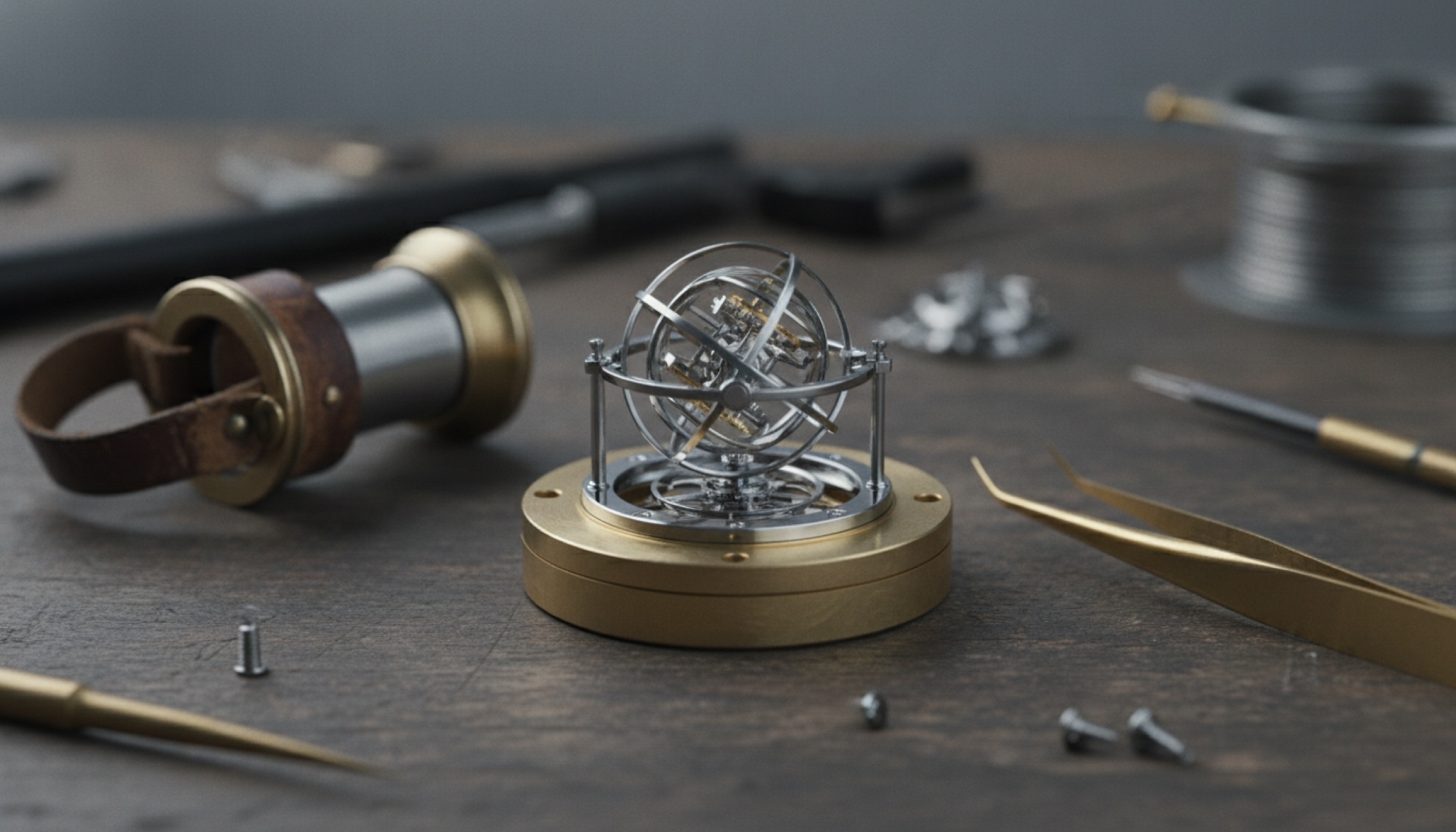 Saatçi tezgahında çok eksenli tourbillon kalibre, büyüteç ve pens eşliğinde, stüdyo ışığı altında makro çekim