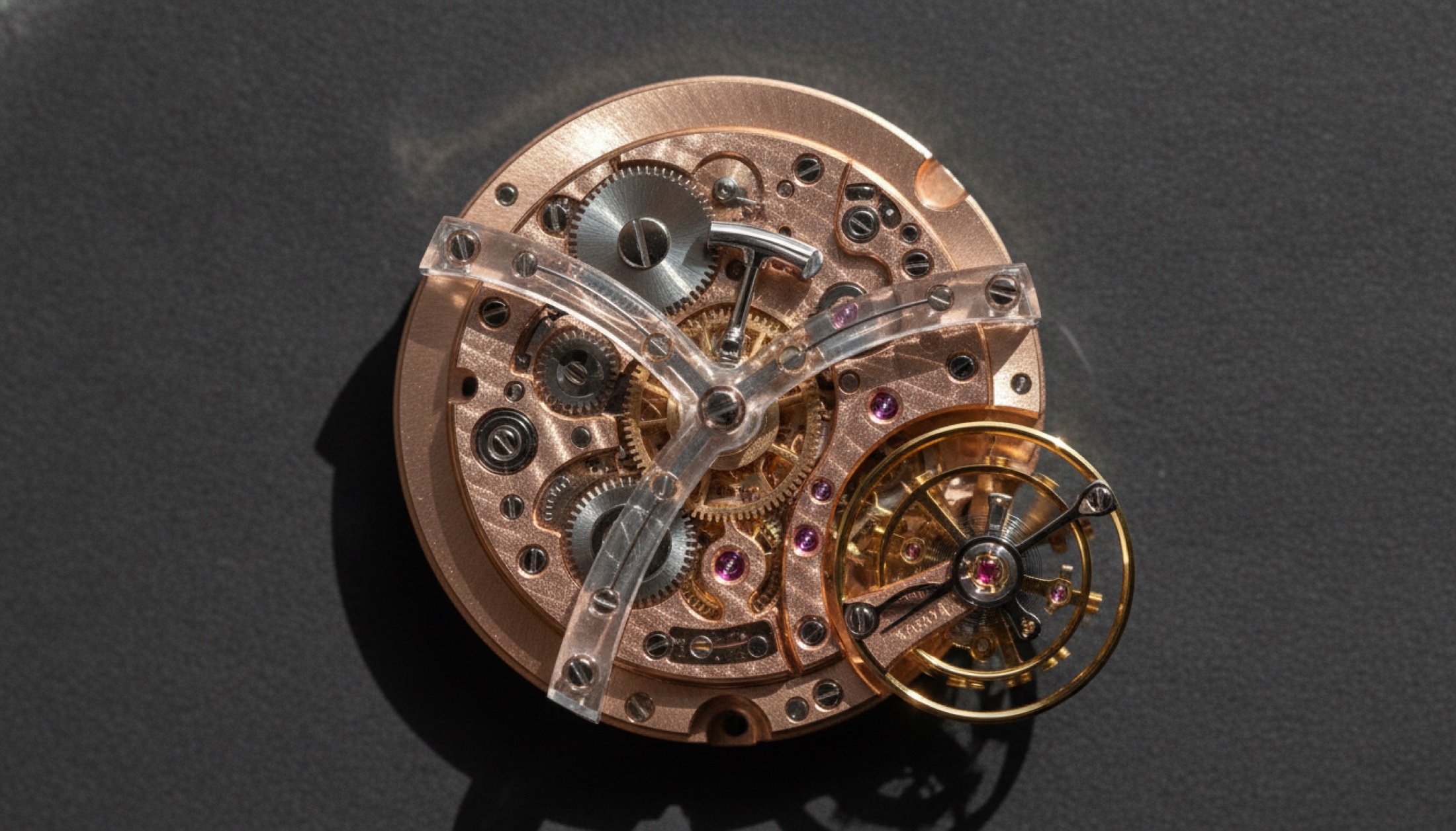 Üç safir köprü altındaki minute repeater mekanizması — yakın plan