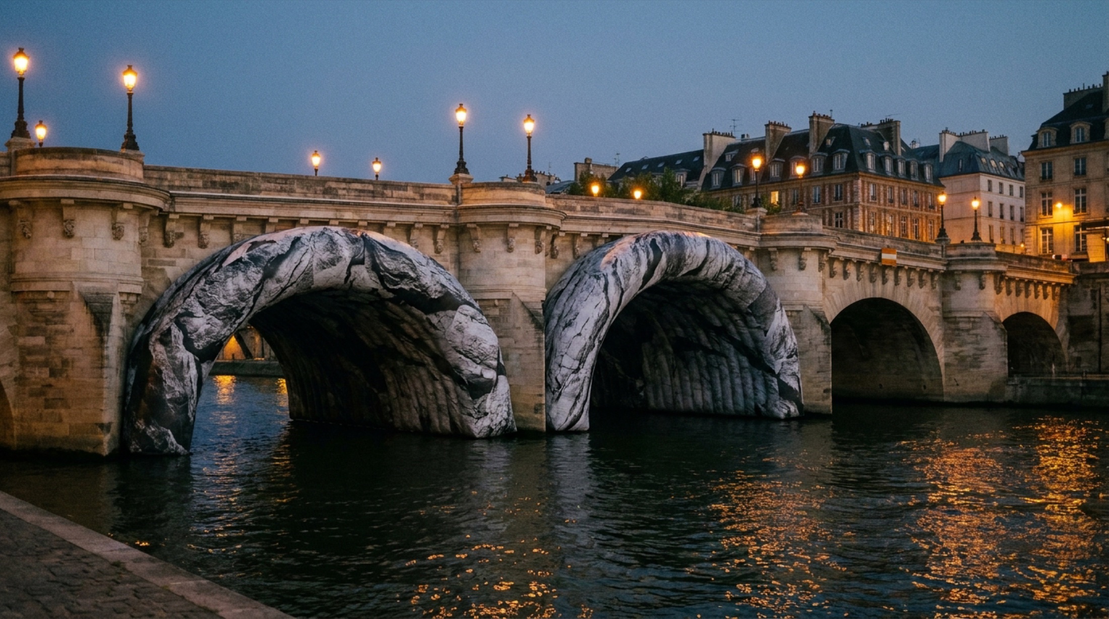 Paris'te tarihi bir köprüyü saran şişme mağara enstalasyonu — siyah-beyaz fotoğrafik kaya dokulu yüzey, akşam ışığında nehir yansıması.