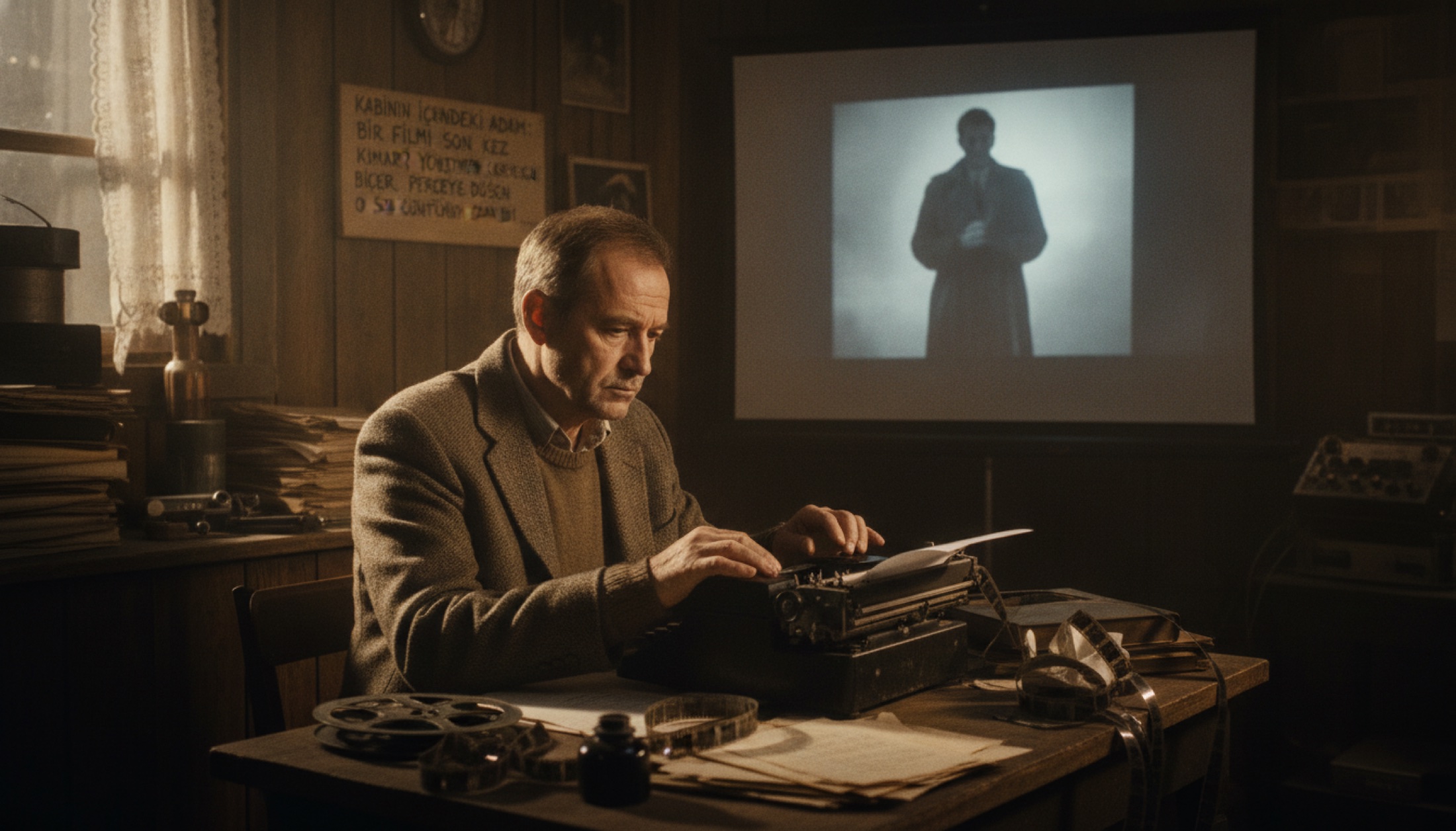 Bir sinema kabininde film makaralarının başında çalışan projeksiyoncu