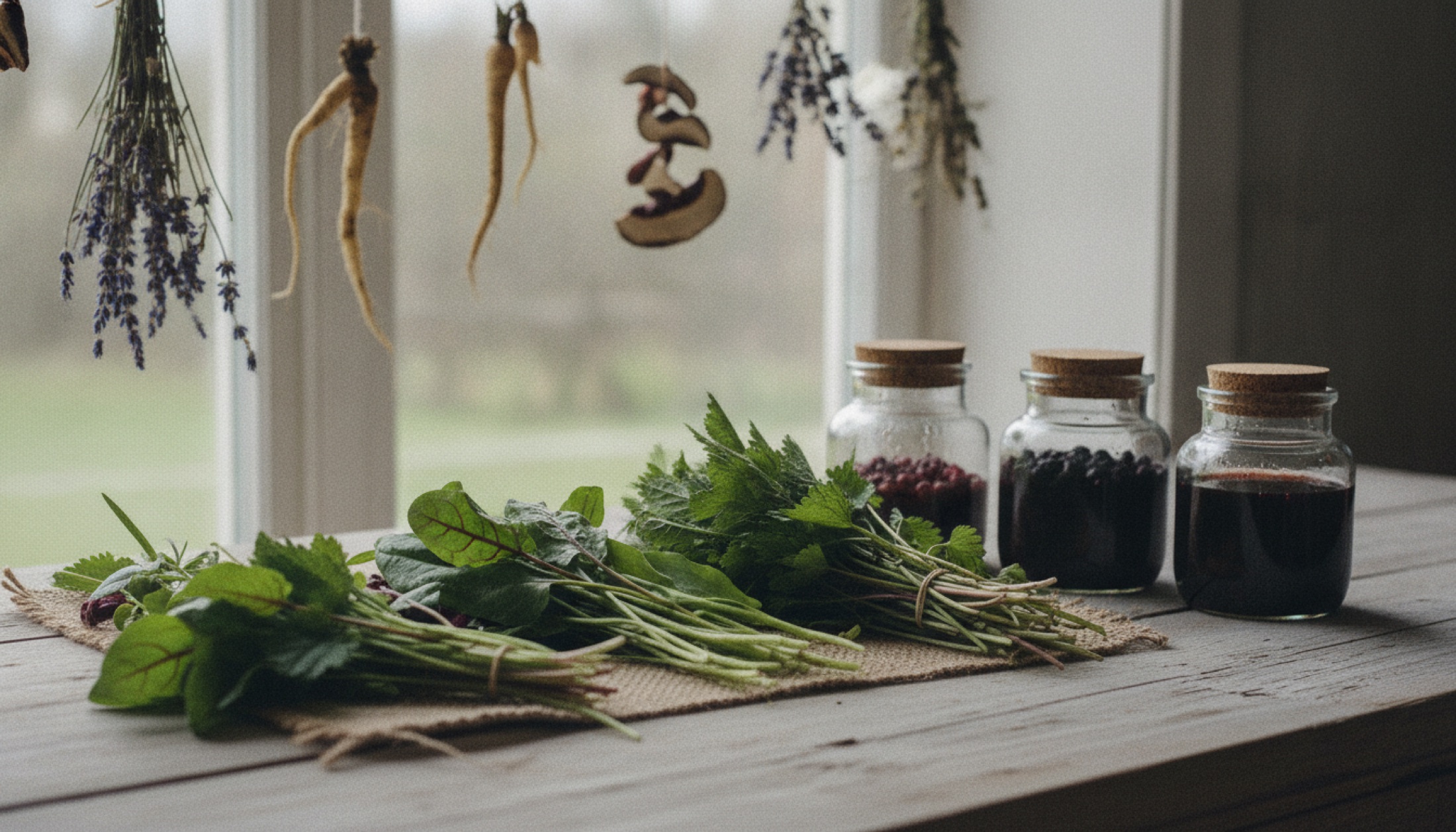 Bornholm'dan gelen kurutulmuş otlar ve fermente malzemeler, Nordic doğal ışığında ahşap tezgah üzerinde