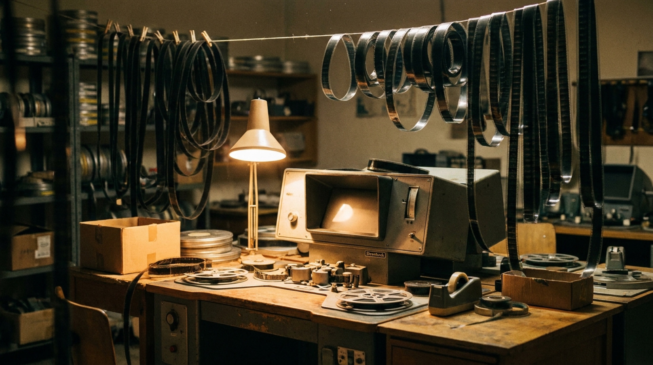 Karanlık bir montaj odasında 35mm film şeritlerinin yanında eski kurgu masası