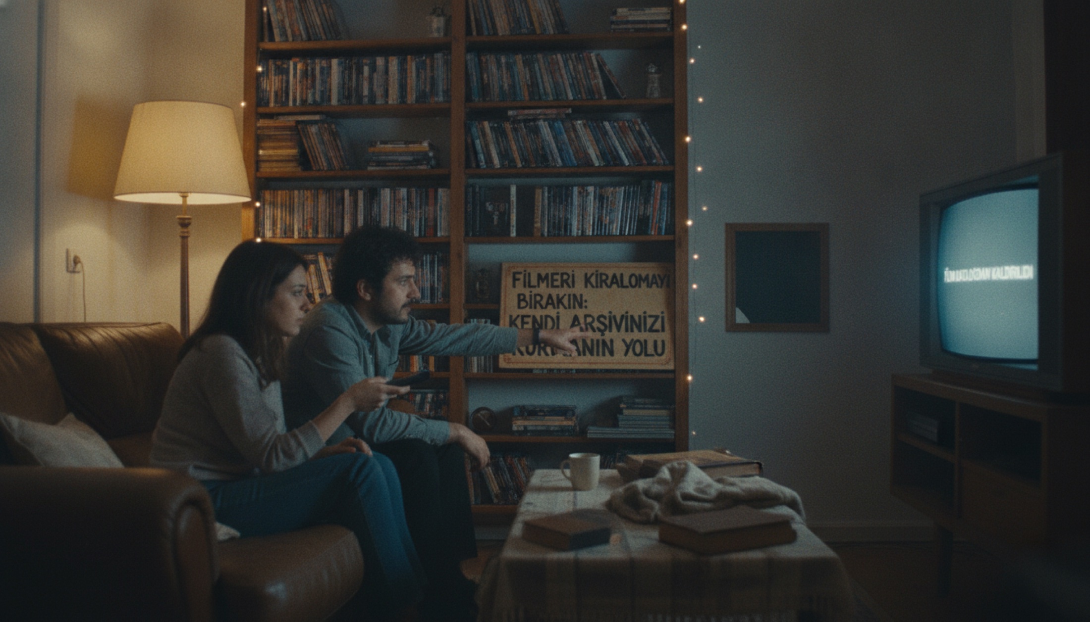 Raflara dizilmiş film diskleri ve bir disk oynatıcının yakın görüntüsü