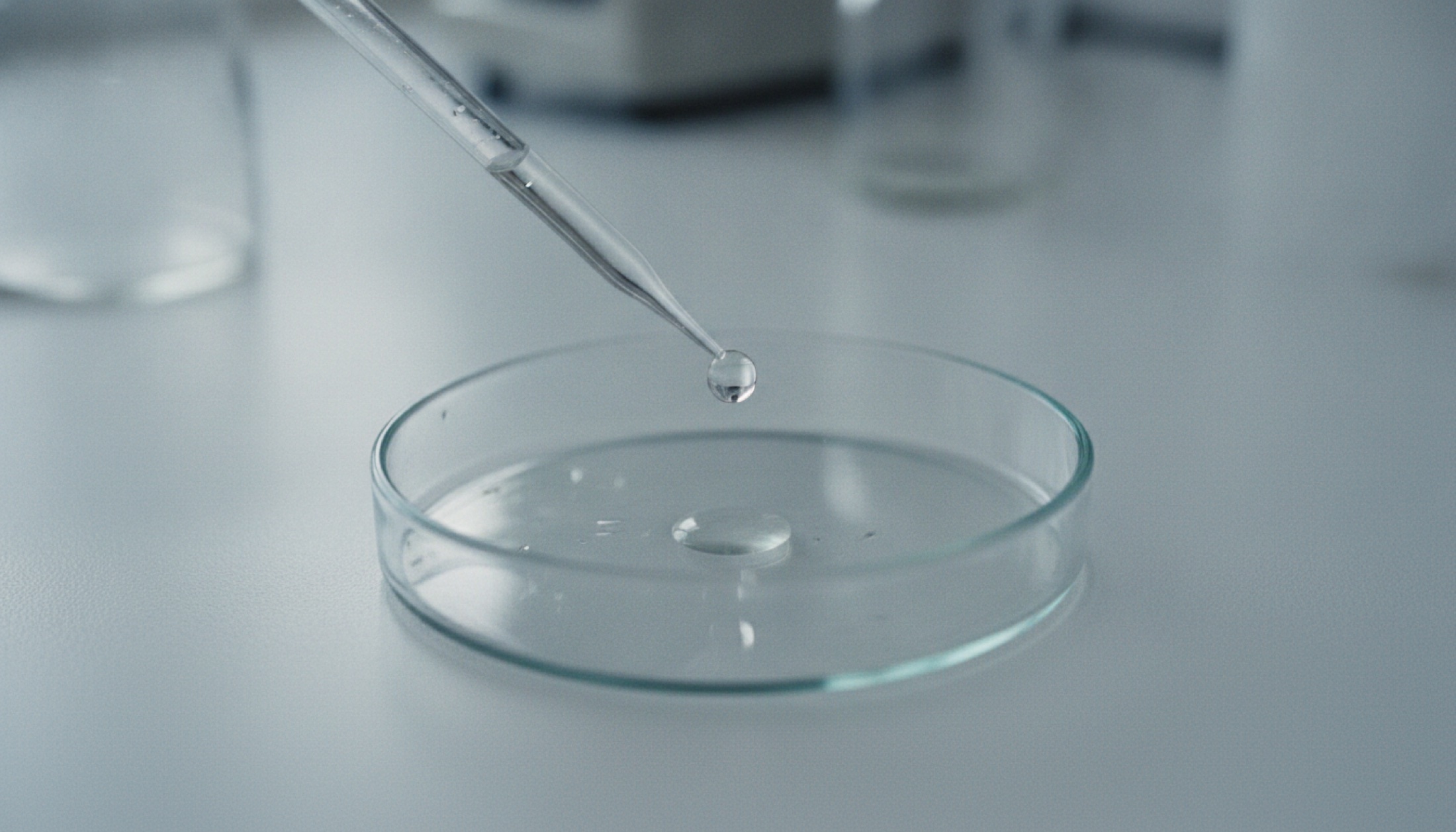 Laboratuvar ortamında cam petri kabına pipetten düşen tek bir serum damlası