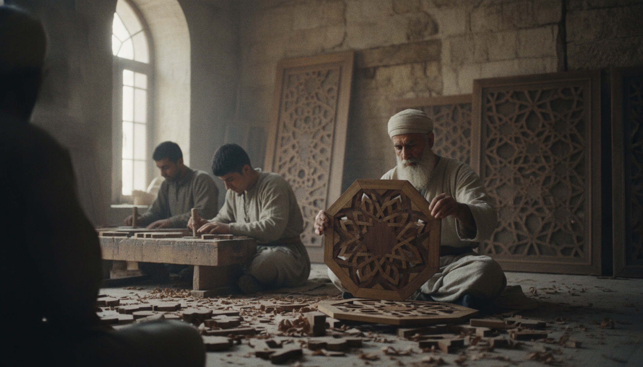 Geometrik yıldız ve çokgenlerin çivisiz birbirine geçtiği oymalı ahşap minber yüzeyi
