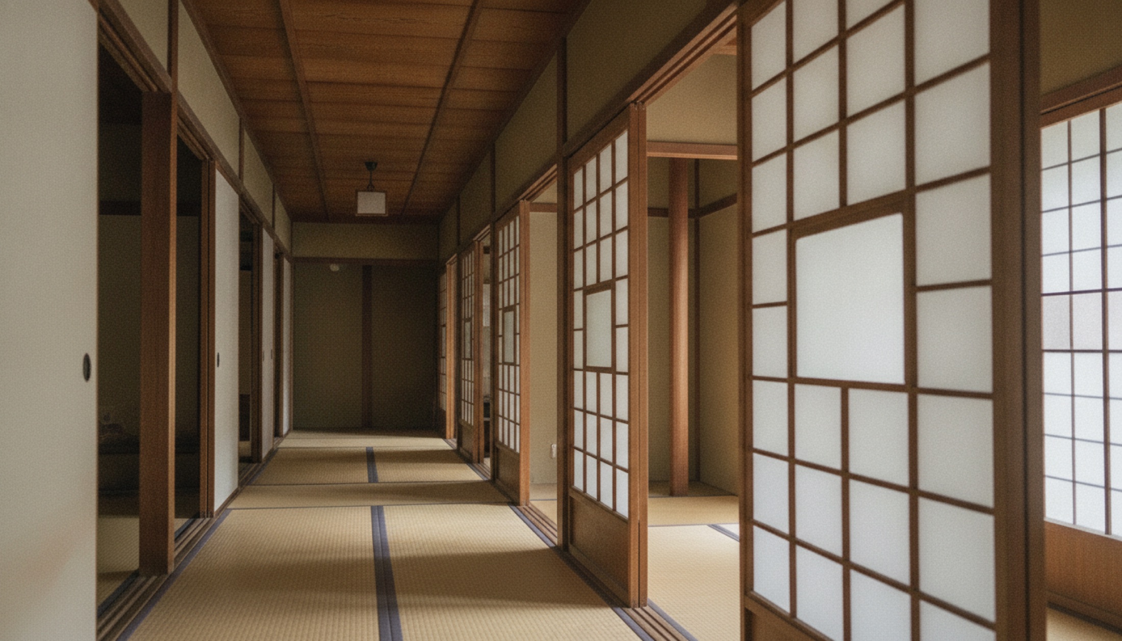 Geleneksel Japon sukiya mimarisi: hinoki kirişleri, shoji ekranları ve tatami döşemeli iç koridor