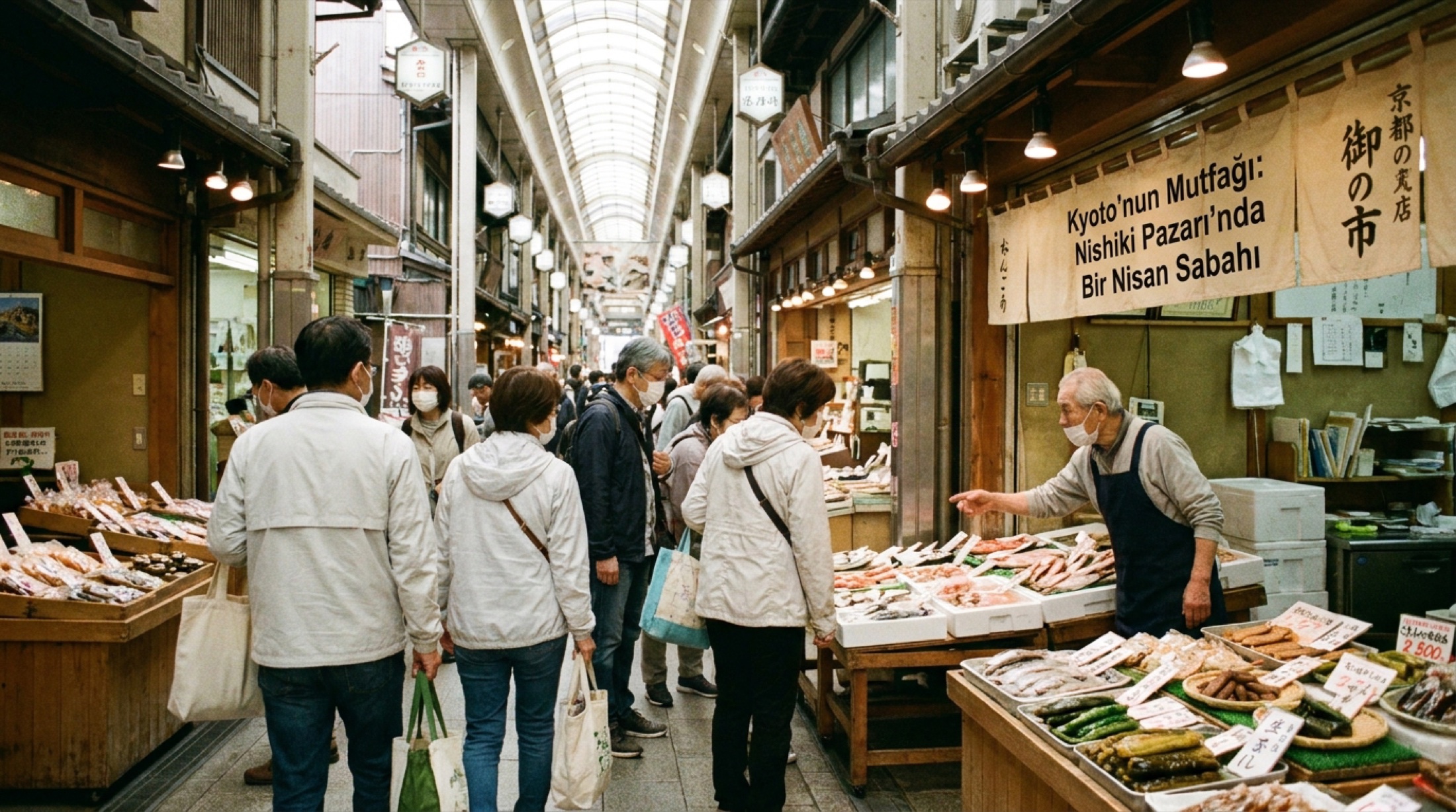 Kyoto Nishiki çarşısında renkli sebze ve turşu tezgâhları, yüksek tavanlı dar arcade içinde sabah ışığı