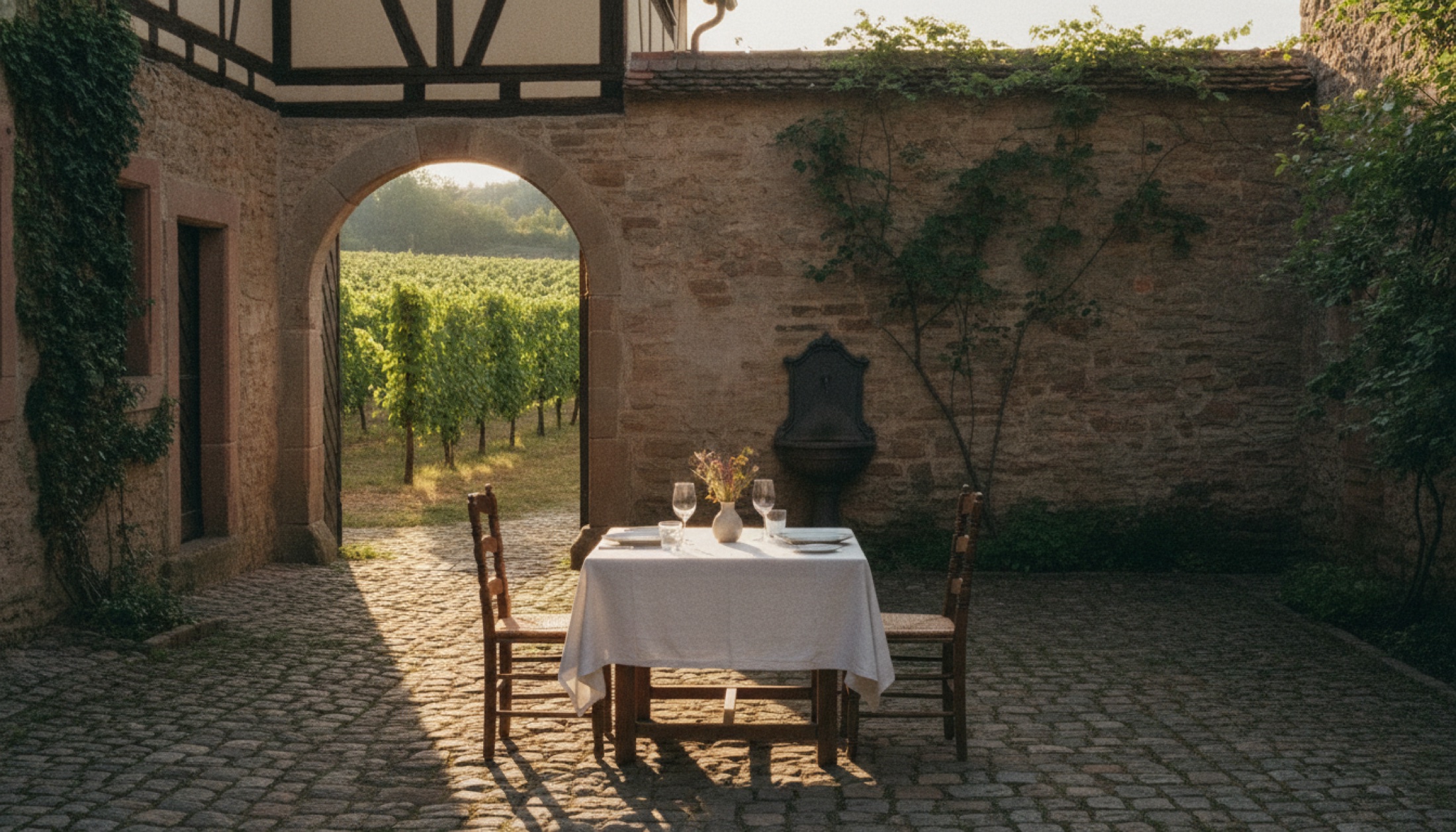 Deidesheim'da tarihi taş avluda hazırlanmış bir fine dining masası, arka planda bağ