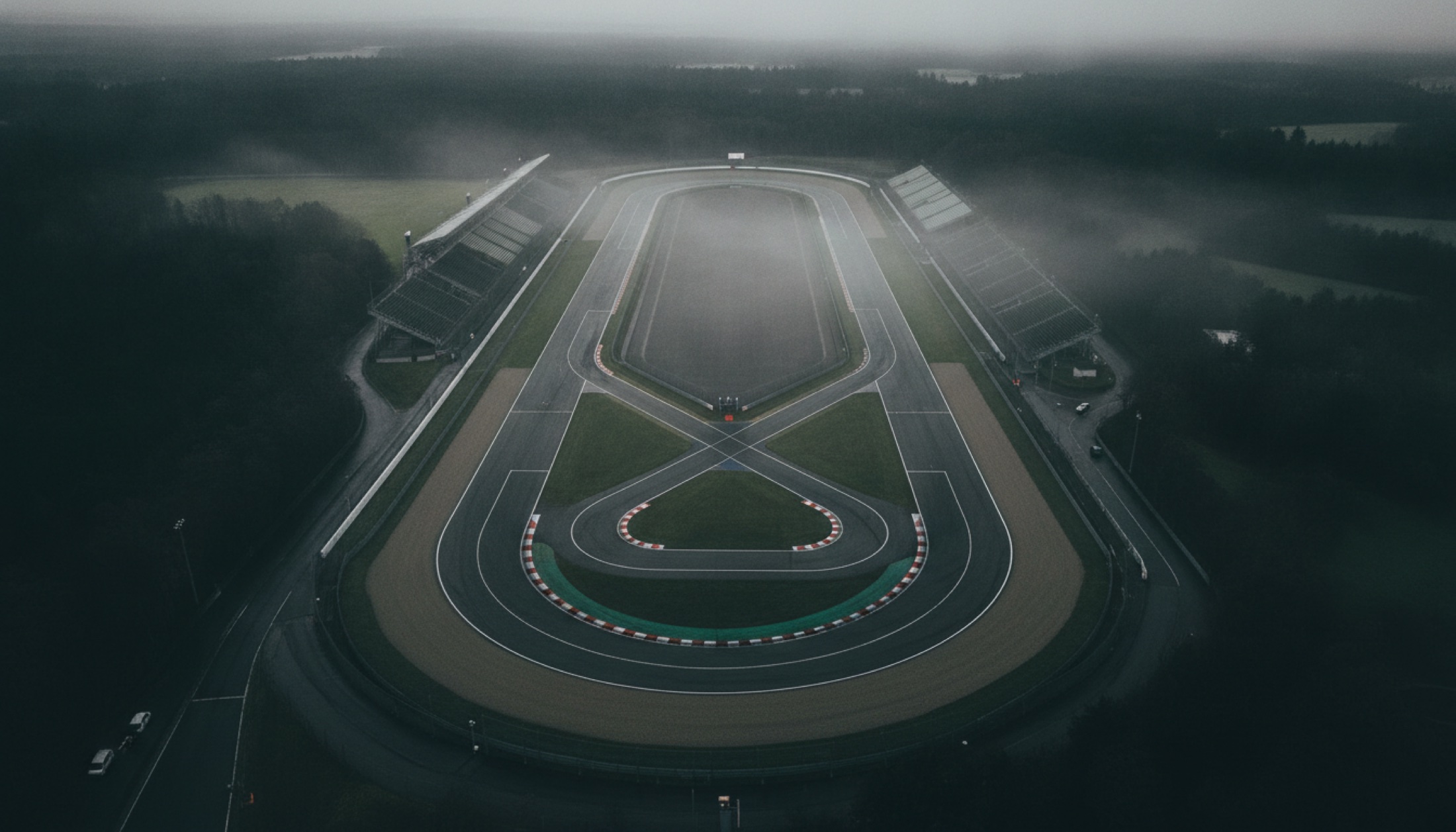 Hockenheimring pisti sabah sisinde, yukarıdan çekilmiş editoryal fotoğraf, boş asfalt.