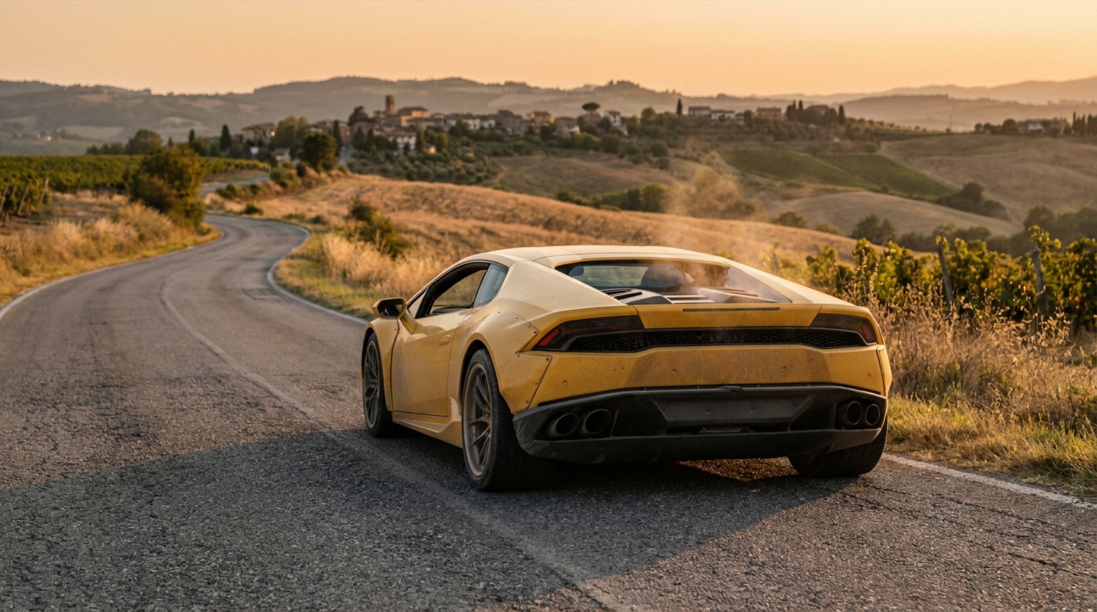 Lamborghini Temerario sarı renk, kırsal yolda üç çeyrek arkadan görünüm