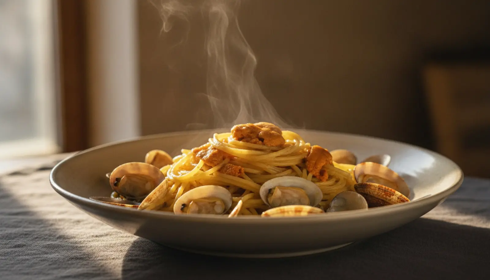 Langosteria'nın imza tabağı: istiridye ve deniz kestanesiyle spaghetti, geniş kasede sıcak servis.
