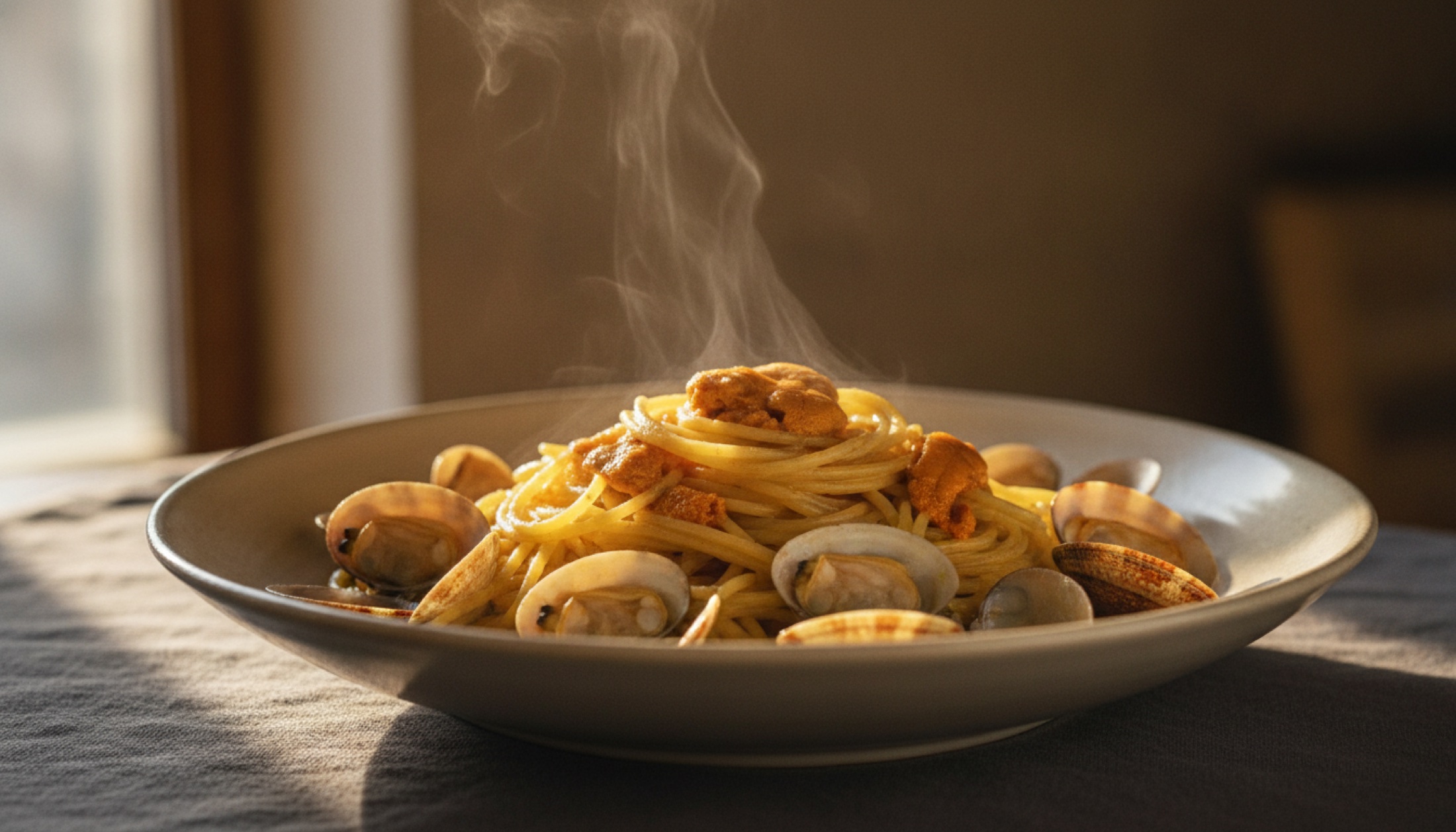 Langosteria'nın imza tabağı: istiridye ve deniz kestanesiyle spaghetti, geniş kasede sıcak servis.