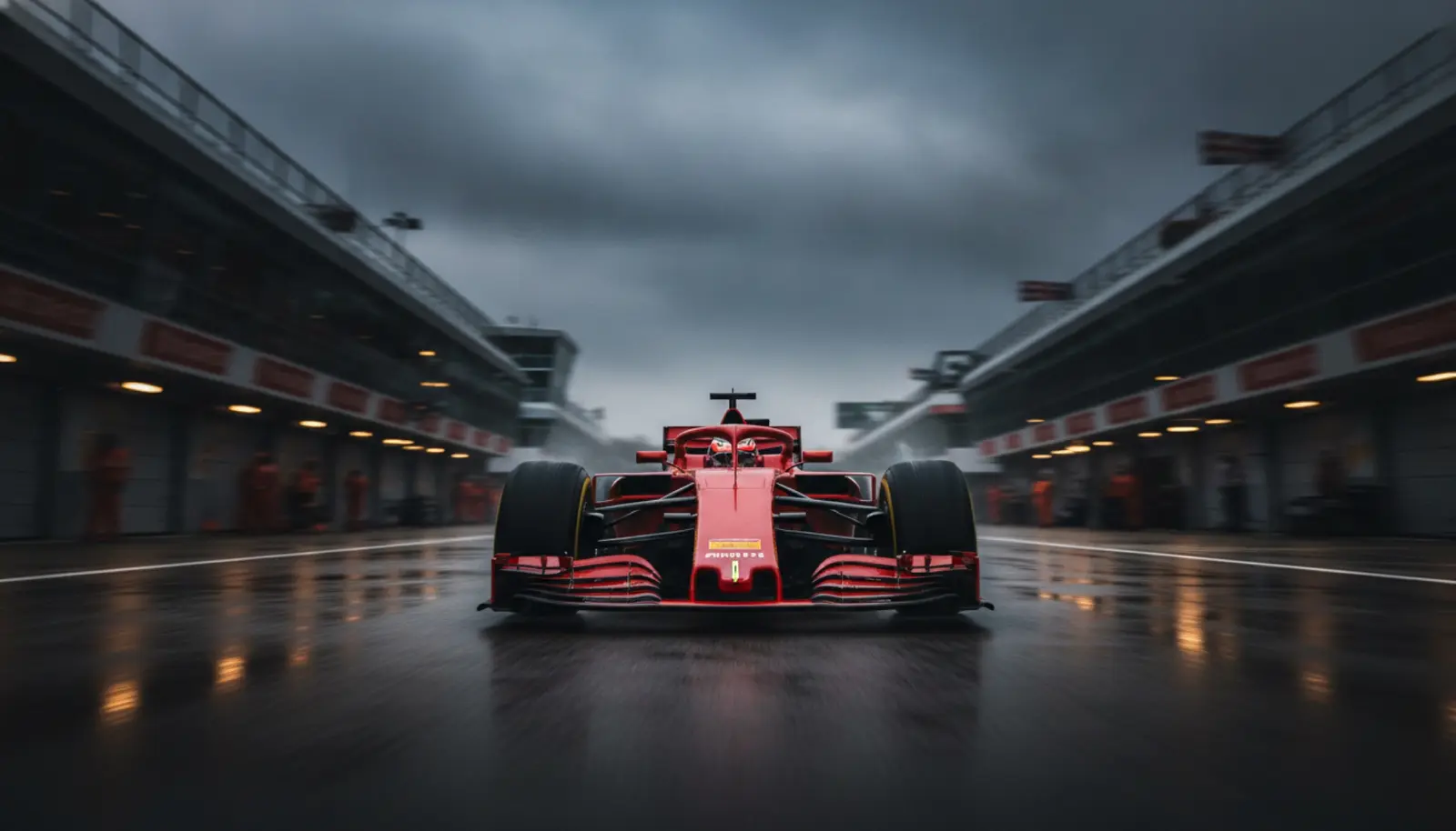 Silverstone pistinde kırmızı bir Formula 1 aracı, dramatik bir açıyla