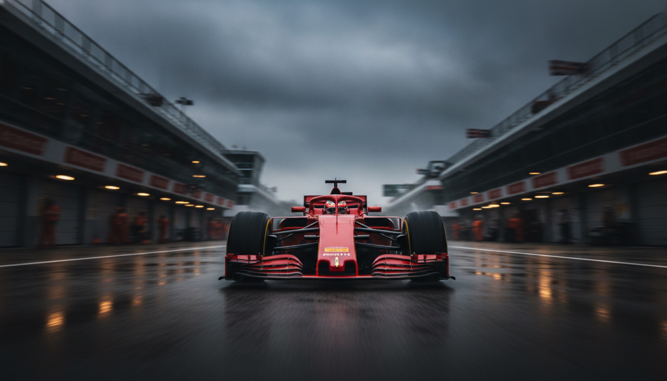 Silverstone pistinde kırmızı bir Formula 1 aracı, dramatik bir açıyla