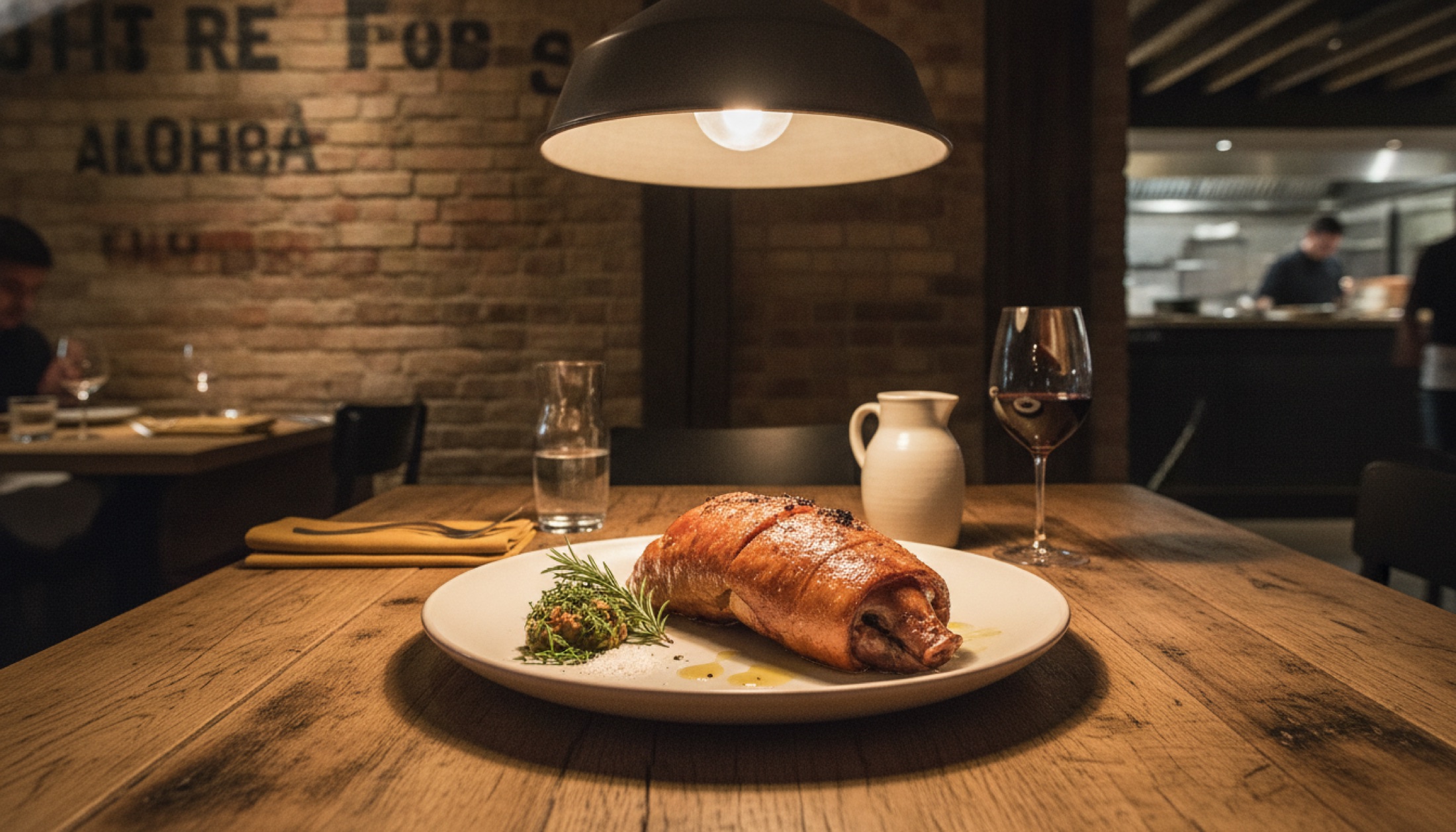 Shoreditch'teki Legado restoranında bütün domuz eti tabağı — altın rengi çıtır deri